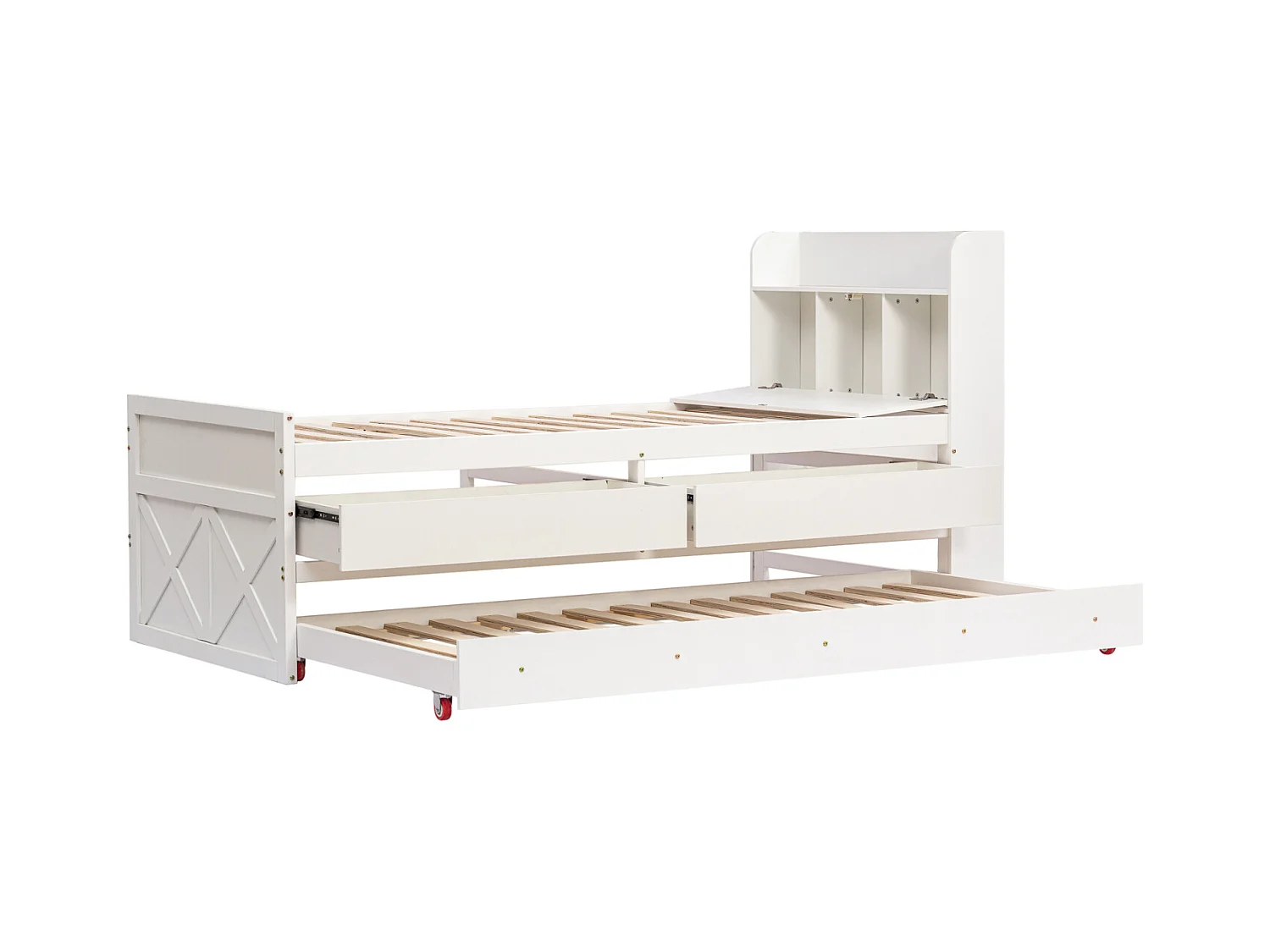 Cama nido 90x190cm, cama infantil con cajón extensible, somier de láminas, cabecero con baldas y puerto USB, color blanco