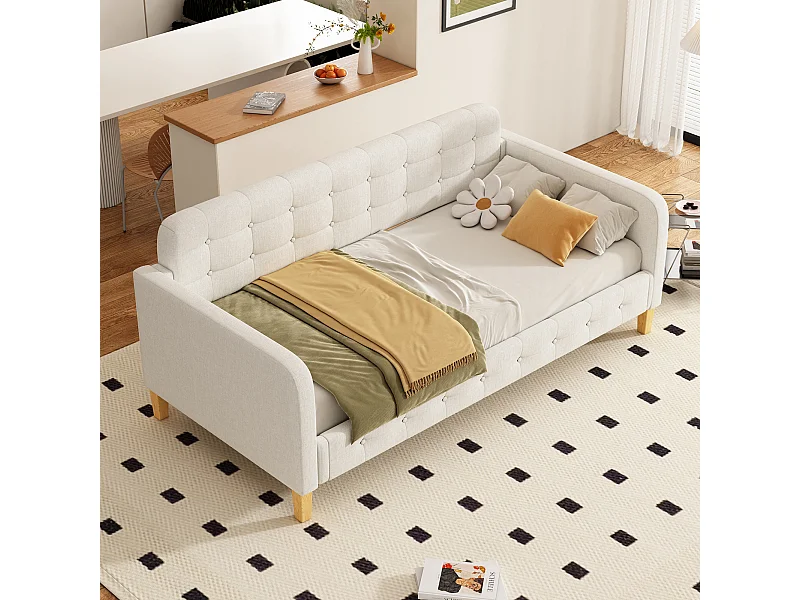 Cama de solteiro 90x200cm, sofá-cama, decoração de botões, simples e elegante, com estrado de ripas, bege