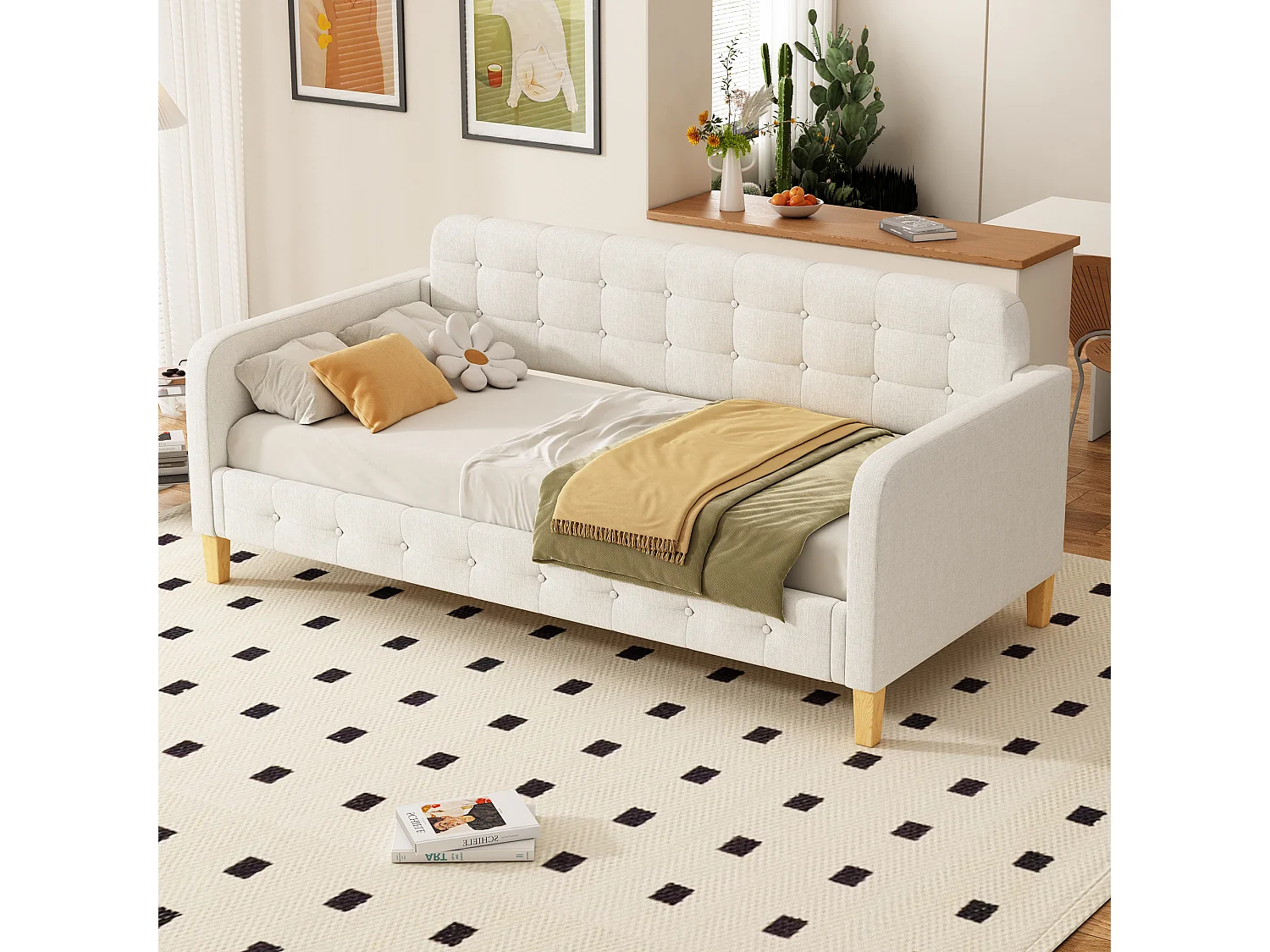 Letto singolo 90x200cm, divano letto, decorazione con bottoni, semplice ed elegante, con rete a doghe, beige