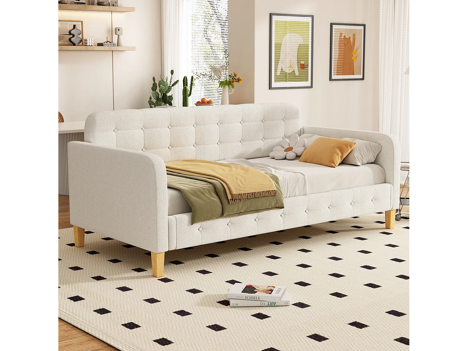 Lit simple 90x200cm, canapé-lit de repos, décoration d'ongles de boutons, simple et élégant, avec sommier à lattes, beige