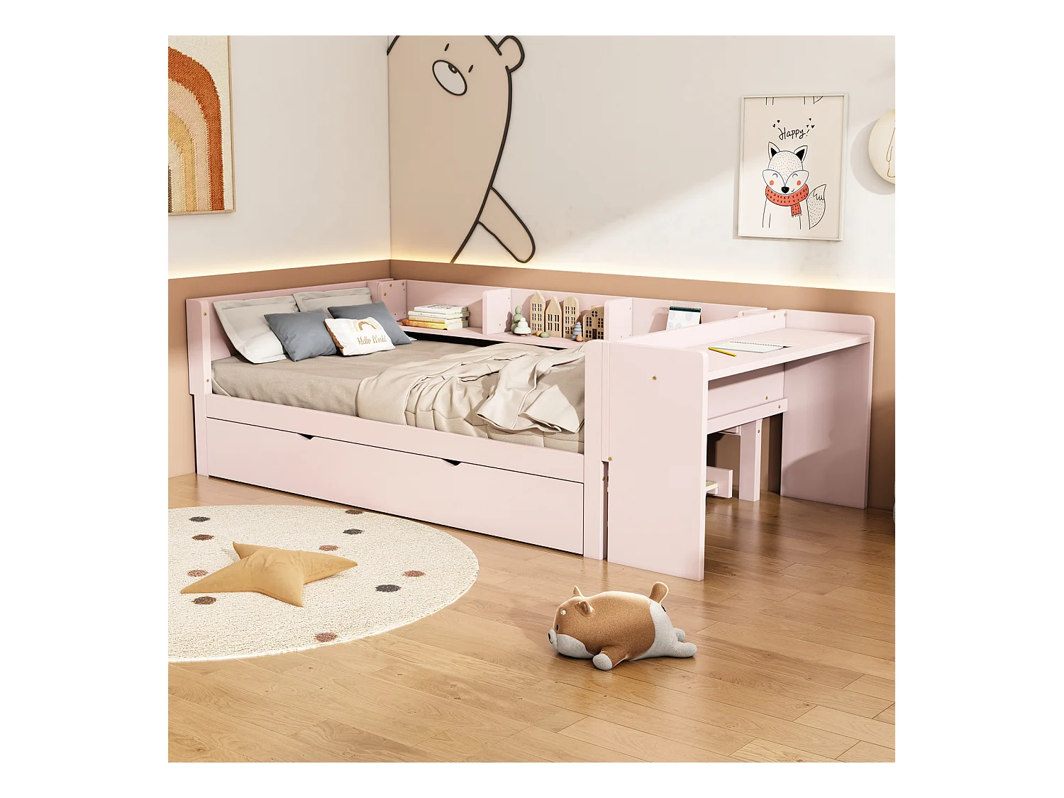 Lit gigogne 90x200cm+90x180cm, avec petit bureau, trois étagères sur le côté du lit, rose