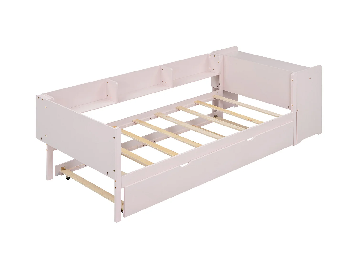 Lit gigogne 90x200cm+90x180cm, avec petit bureau, trois étagères sur le côté du lit, rose