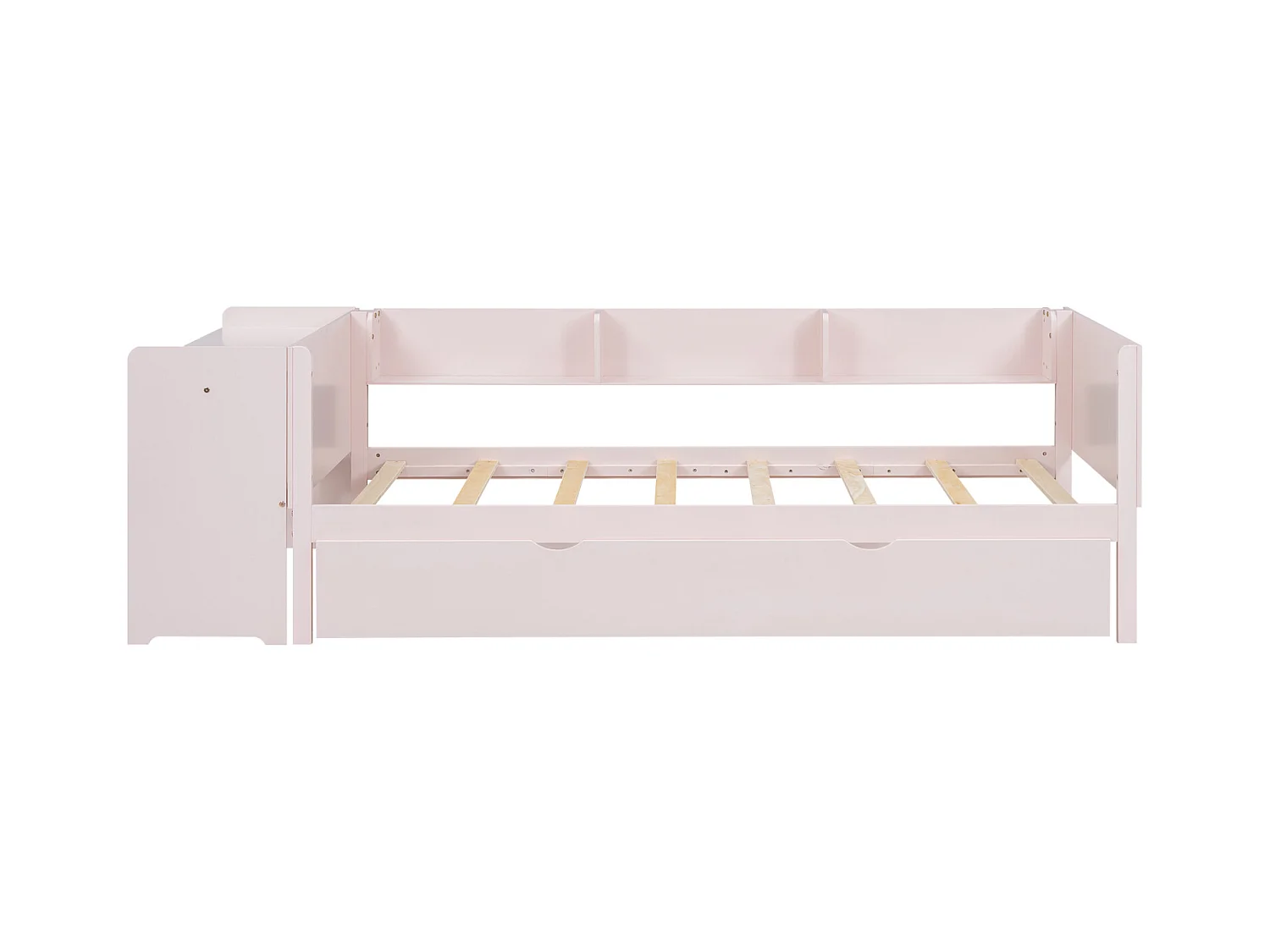 Lit gigogne 90x200cm+90x180cm, avec petit bureau, trois étagères sur le côté du lit, rose