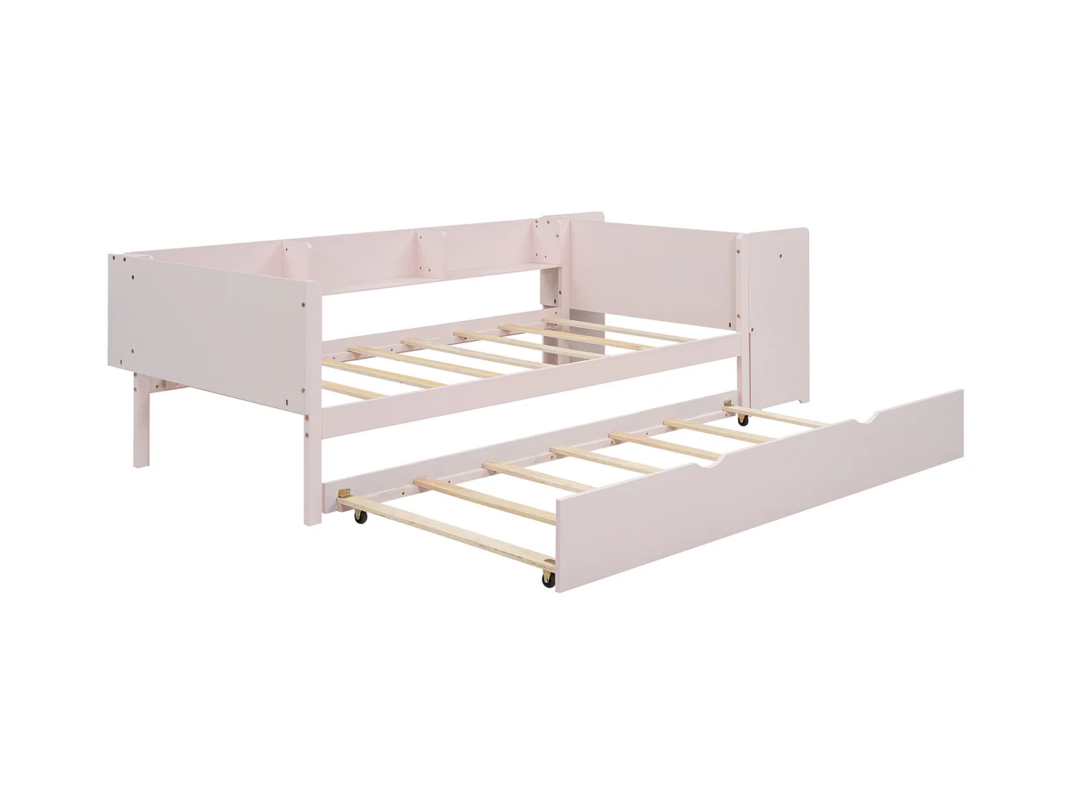 Lit gigogne 90x200cm+90x180cm, avec petit bureau, trois étagères sur le côté du lit, rose