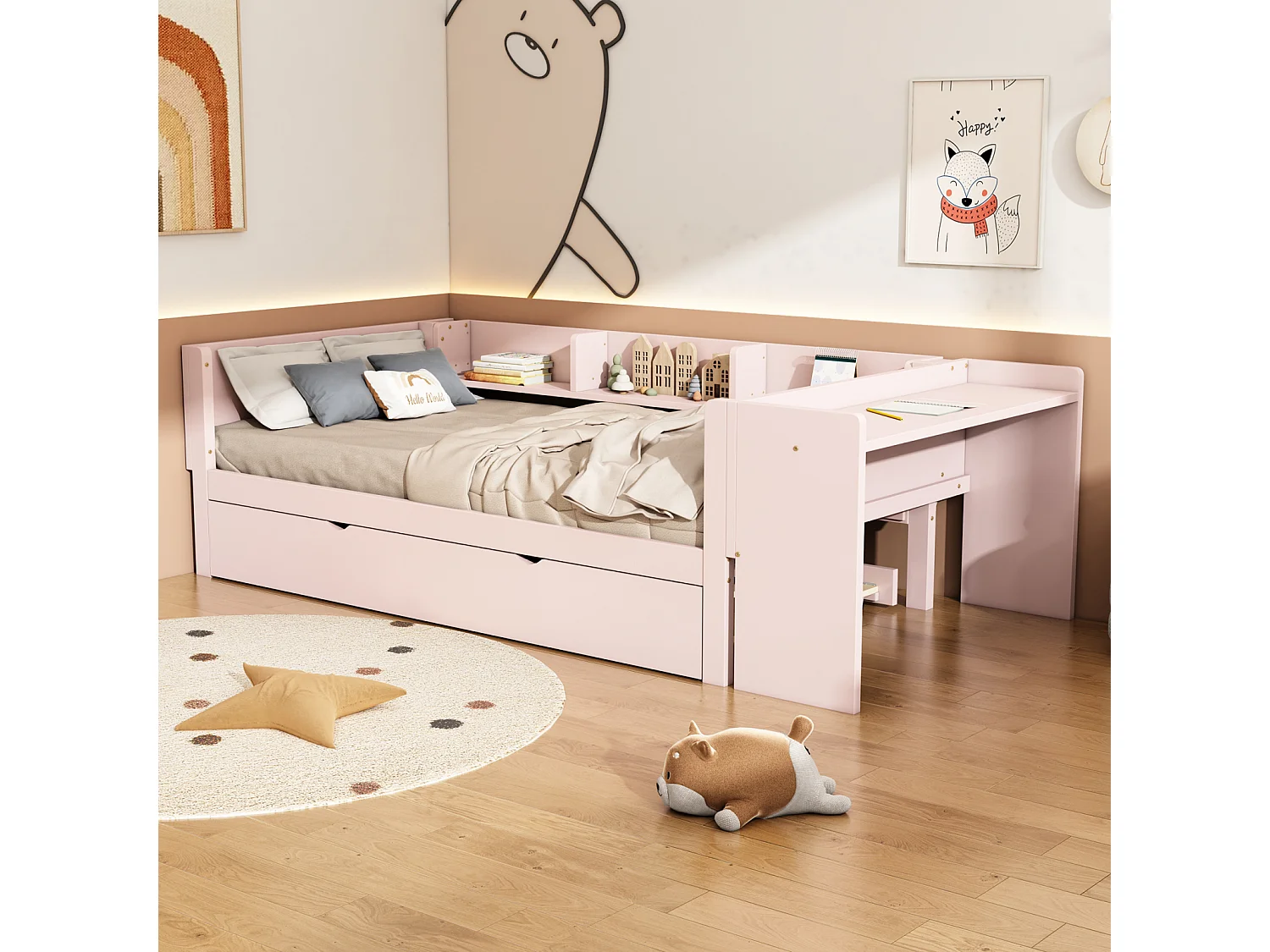 Lit gigogne 90x200cm+90x180cm, avec petit bureau, trois étagères sur le côté du lit, rose