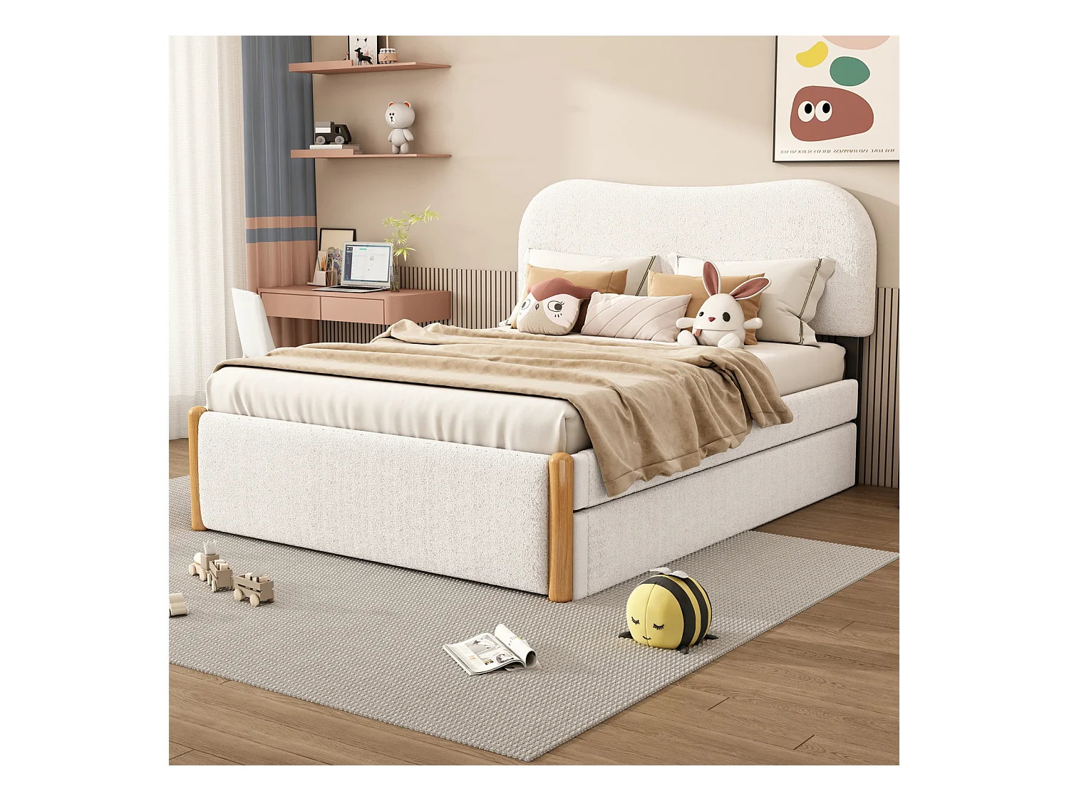 Cama nido 140x200cm+90x190cm, cama plana tapizada con somier de láminas y cabecero, tejido felpa, color blanco