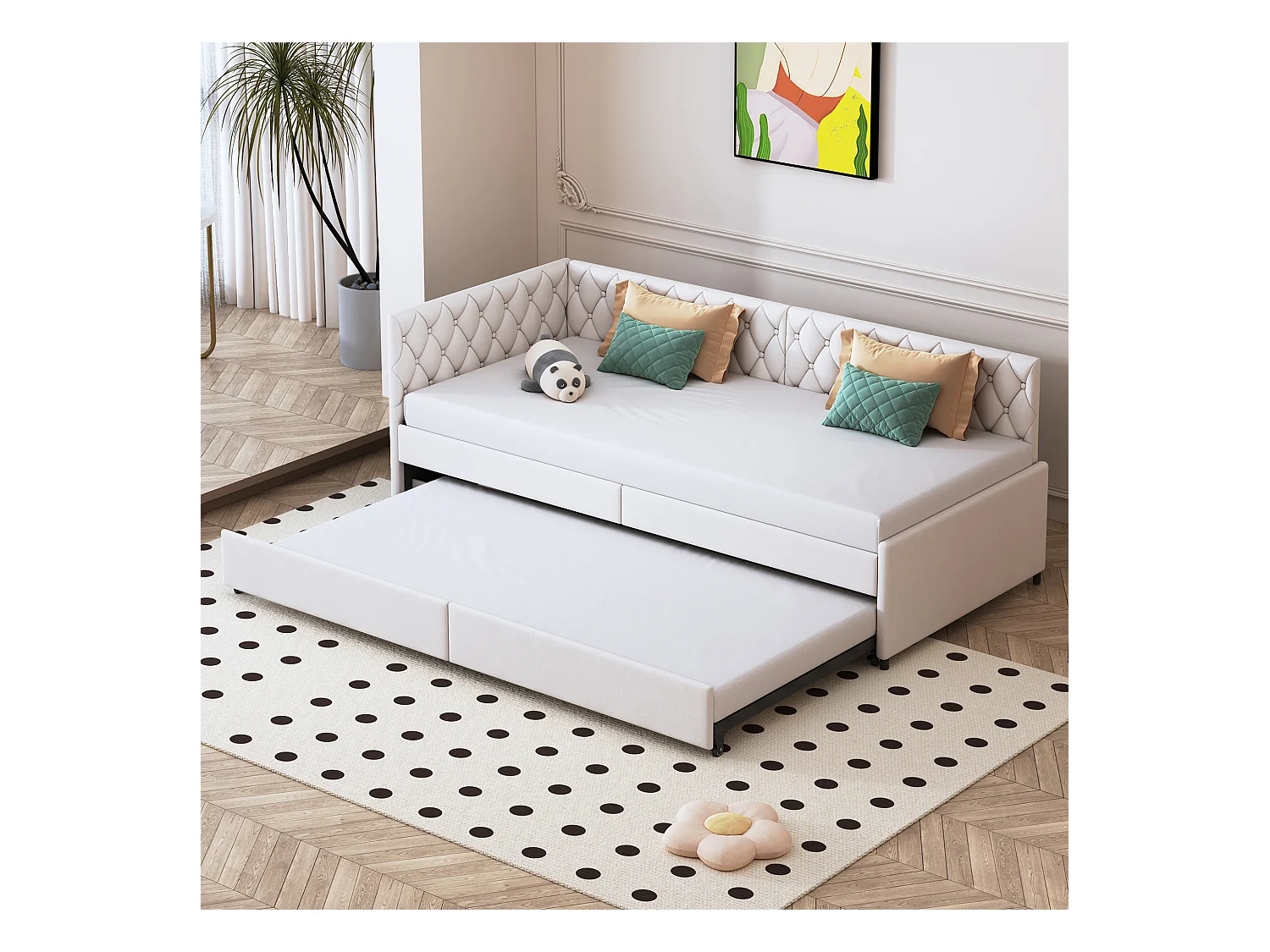 Uitschuifbed 90x200cm - Gestoffeerde slaapbank, linnen stof, met lattenbodem, zonder matras - Beige