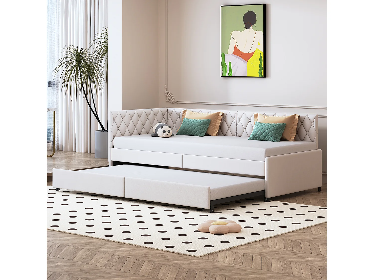 Lit gigogne 90x200cm - Canapé-lit rembourré, tissu en lin, avec sommier à lattes, sans matelas - Beige