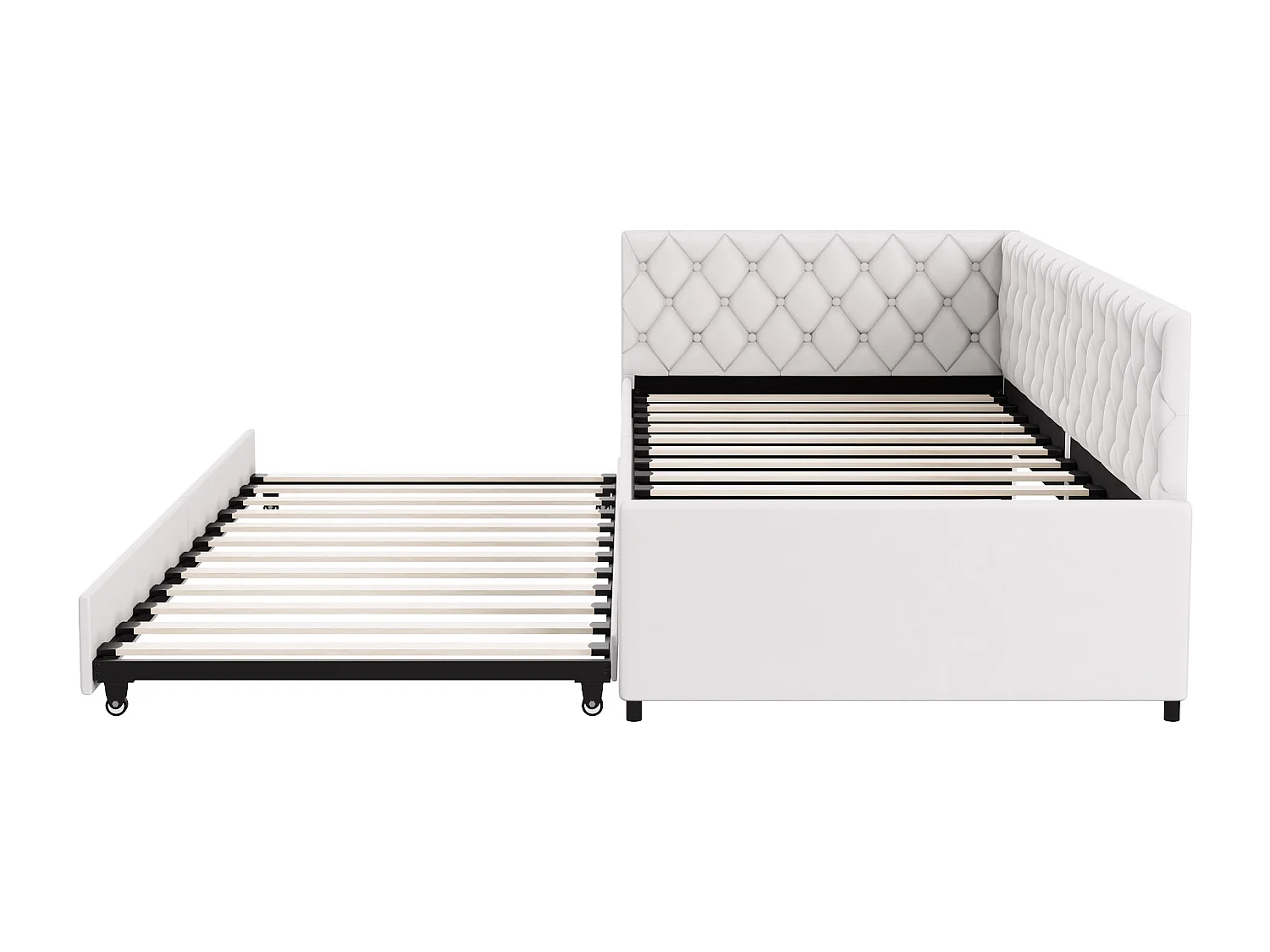 Lit gigogne 90x200cm - Canapé-lit rembourré, tissu en lin, avec sommier à lattes, sans matelas - Beige