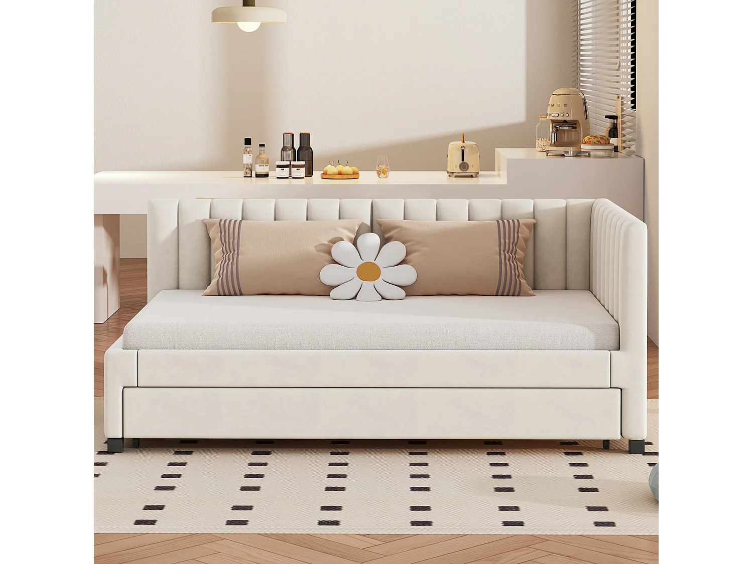 lit gigogne capitonné 90x200cm - canapé lit gigogne, sommier à lattes,lits jeunesse, lits enfant, lits d'appoint, velours - Beige