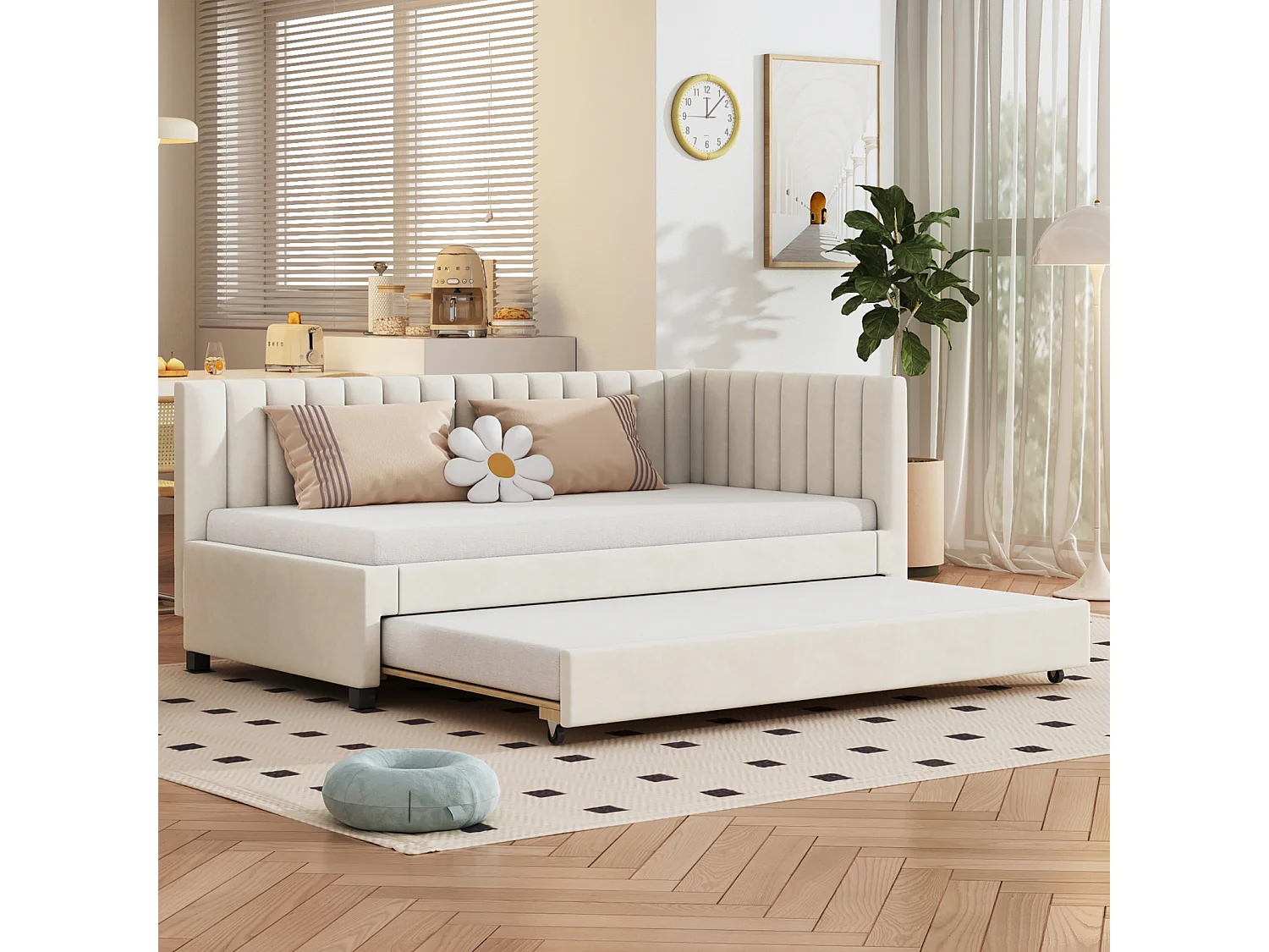 lit gigogne capitonné 90x200cm - canapé lit gigogne, sommier à lattes,lits jeunesse, lits enfant, lits d'appoint, velours - Beige