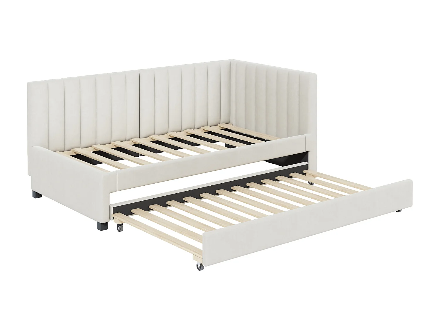 lit gigogne capitonné 90x200cm - canapé lit gigogne, sommier à lattes,lits jeunesse, lits enfant, lits d'appoint, velours - Beige