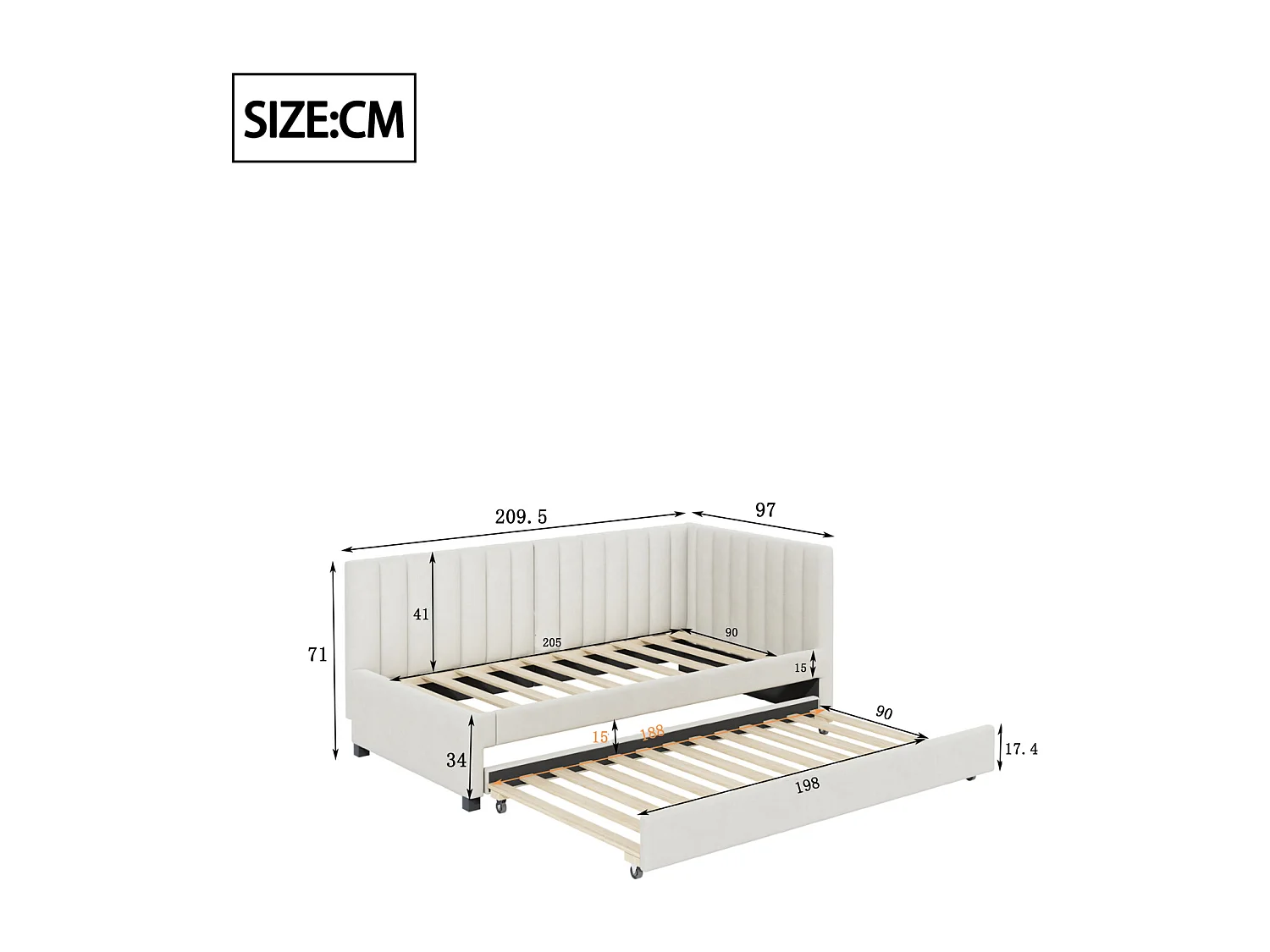 lit gigogne capitonné 90x200cm - canapé lit gigogne, sommier à lattes,lits jeunesse, lits enfant, lits d'appoint, velours - Beige