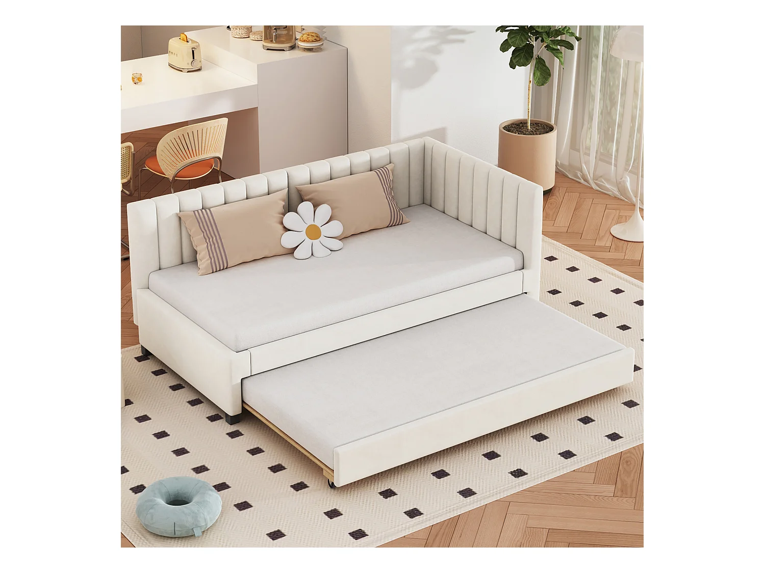 Gestoffeerd uitschuifbed 90x200cm - uitschuifbare slaapbank, lattenbodem, jeugdbedden, kinderbedden, extra bedden, fluweel - Beige
