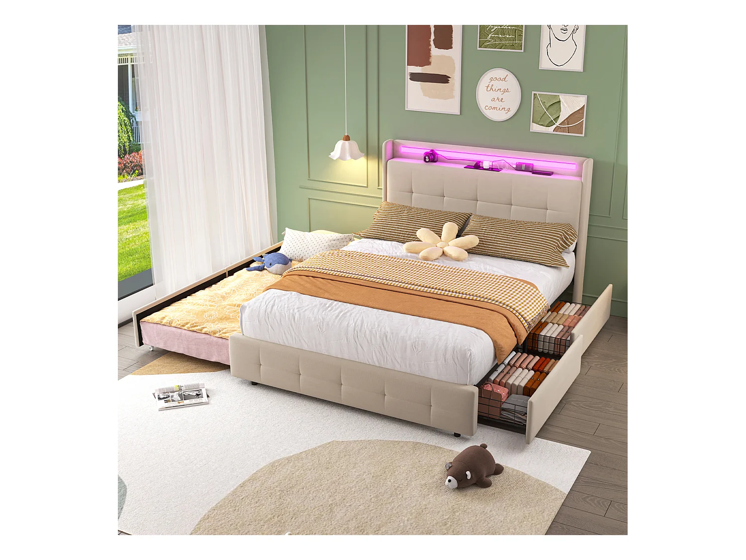 Gestoffeerd tweepersoonsbed 160x200 cm Volwassen bed met uitschuifbed LED verlichting 2 lades USB poorten en lattenbodem - beige
