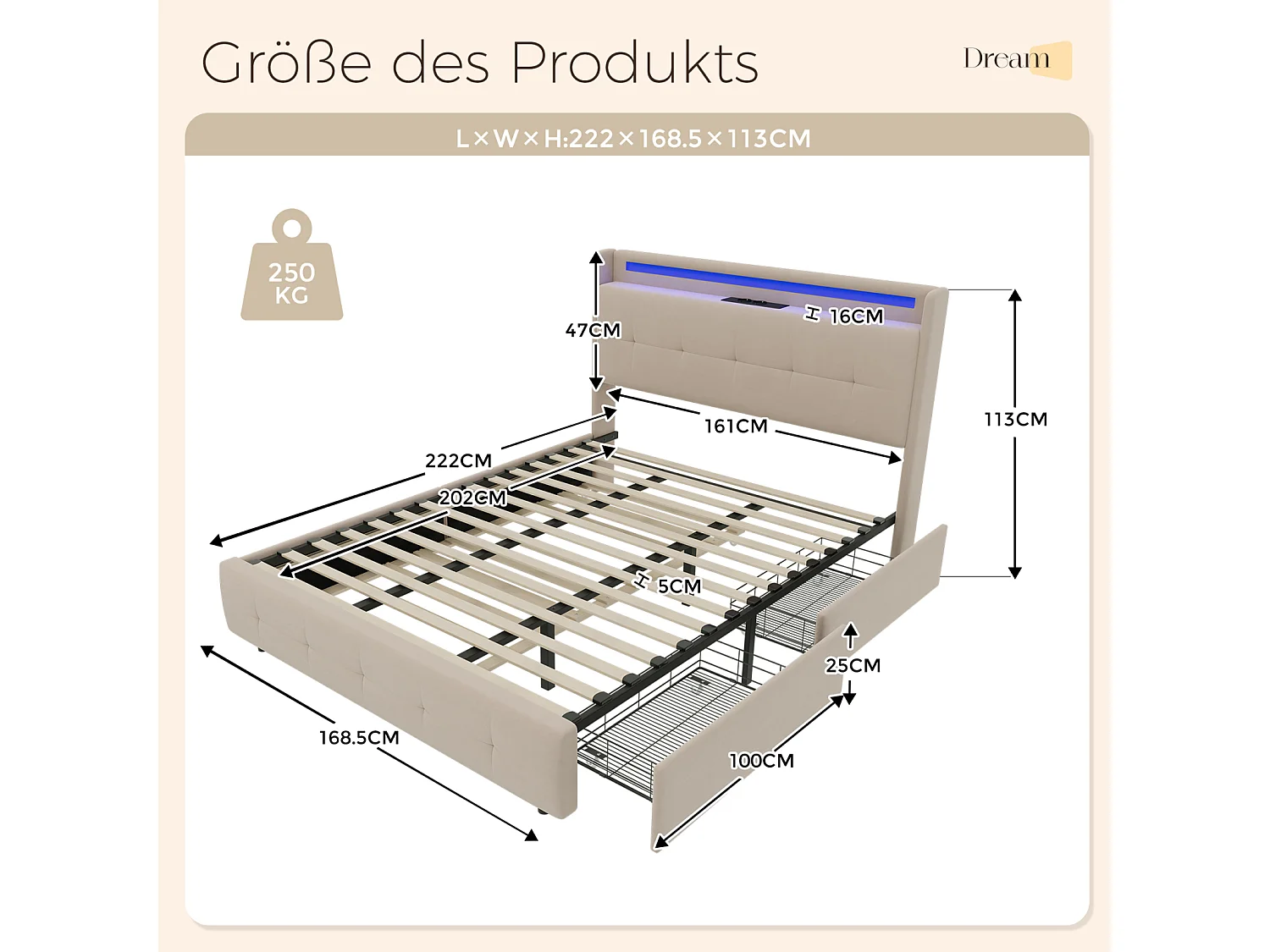 Lit double rembourré 160x200 cm Lit adulte avec lit gigogne éclairage LED 2 tiroirs ports USB et sommier à lattes - beige