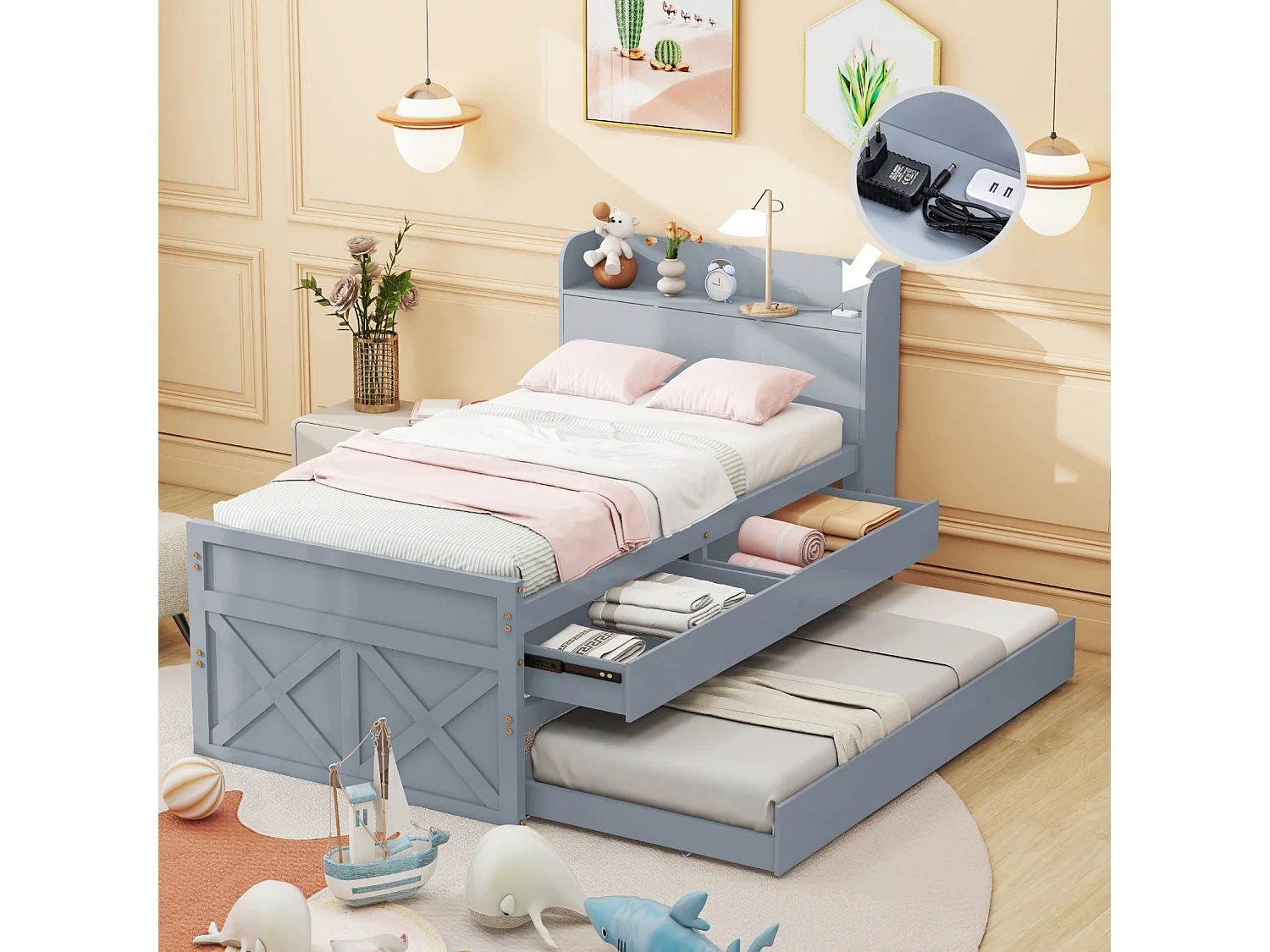 Uitschuifbed 90x190cm, kinderbed met uitschuifbare lade, lattenbodem, hoofdbord met opbergplanken en USB-aansluiting, grijs