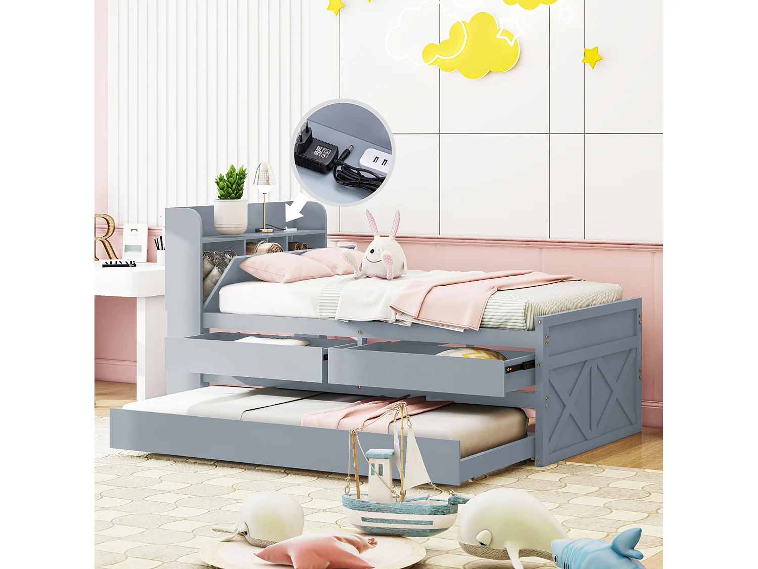 Uitschuifbed 90x190cm, kinderbed met uitschuifbare lade, lattenbodem, hoofdbord met opbergplanken en USB-aansluiting, grijs