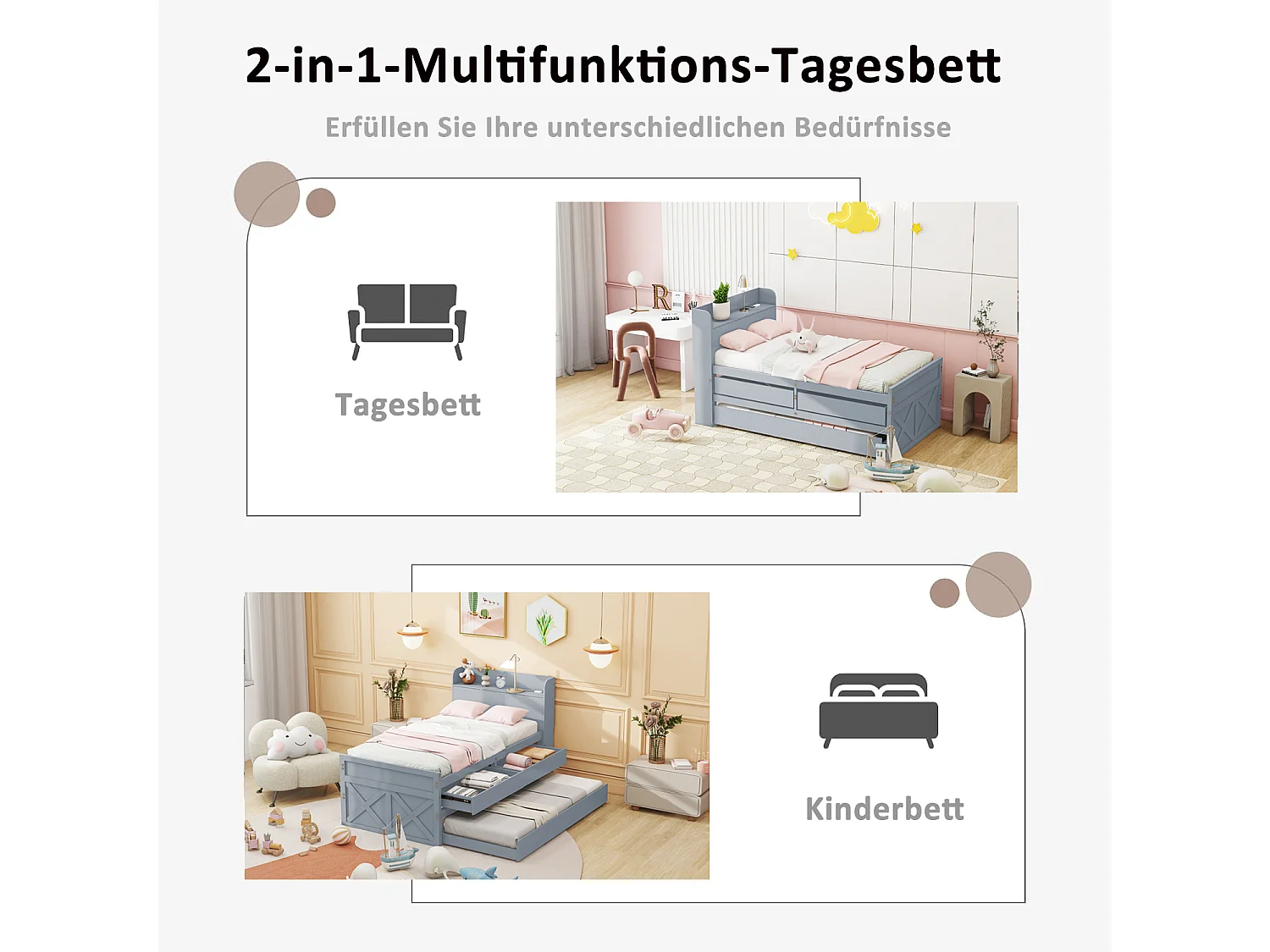 Uitschuifbed 90x190cm, kinderbed met uitschuifbare lade, lattenbodem, hoofdbord met opbergplanken en USB-aansluiting, grijs