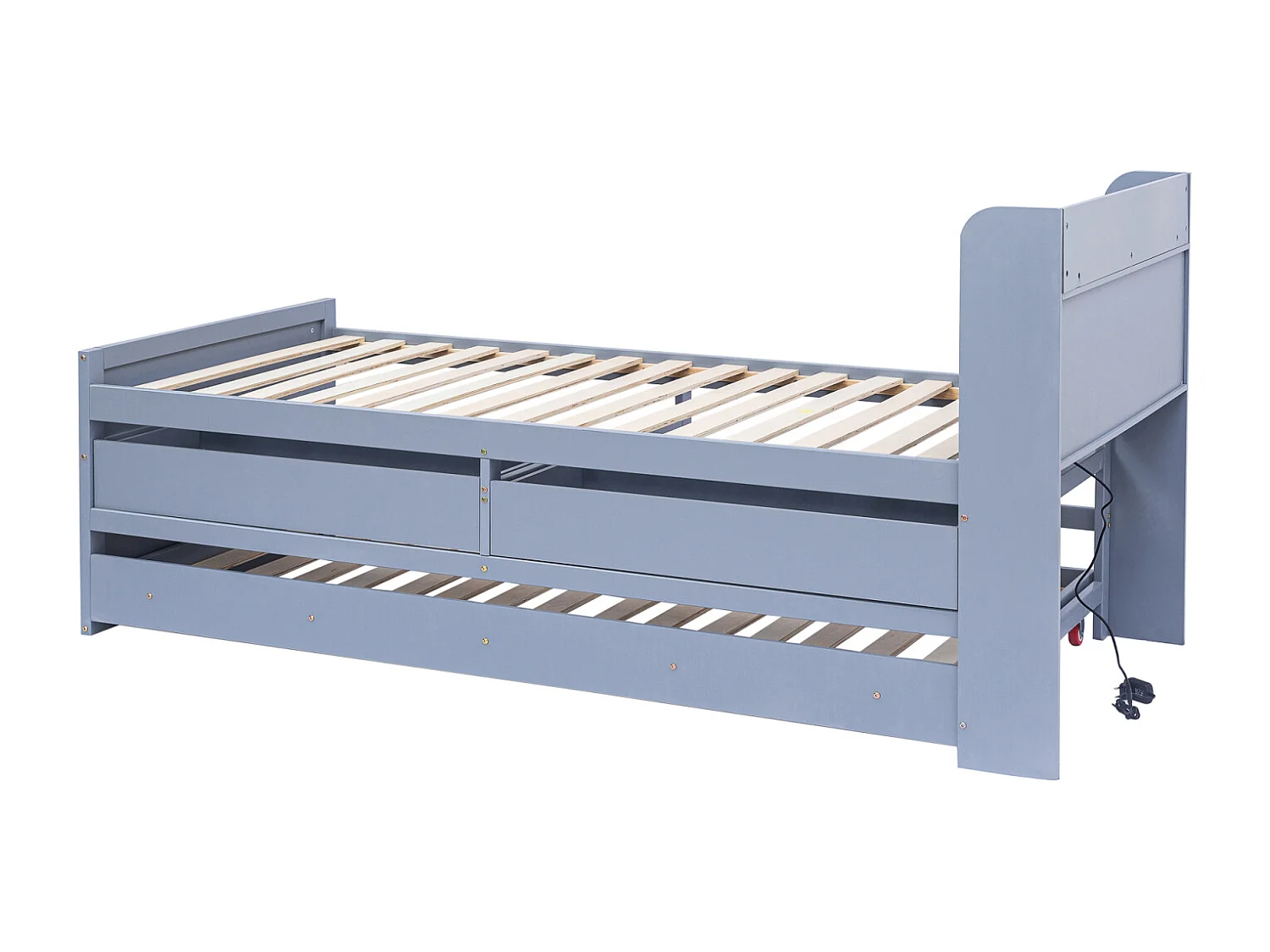 Uitschuifbed 90x190cm, kinderbed met uitschuifbare lade, lattenbodem, hoofdbord met opbergplanken en USB-aansluiting, grijs