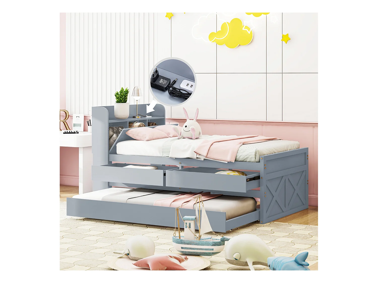 Lit gigogne 90x190cm, lit d'enfant avec tiroir extensible, sommier à lattes, tête de lit avec étagères de rangement et prise USB, gris