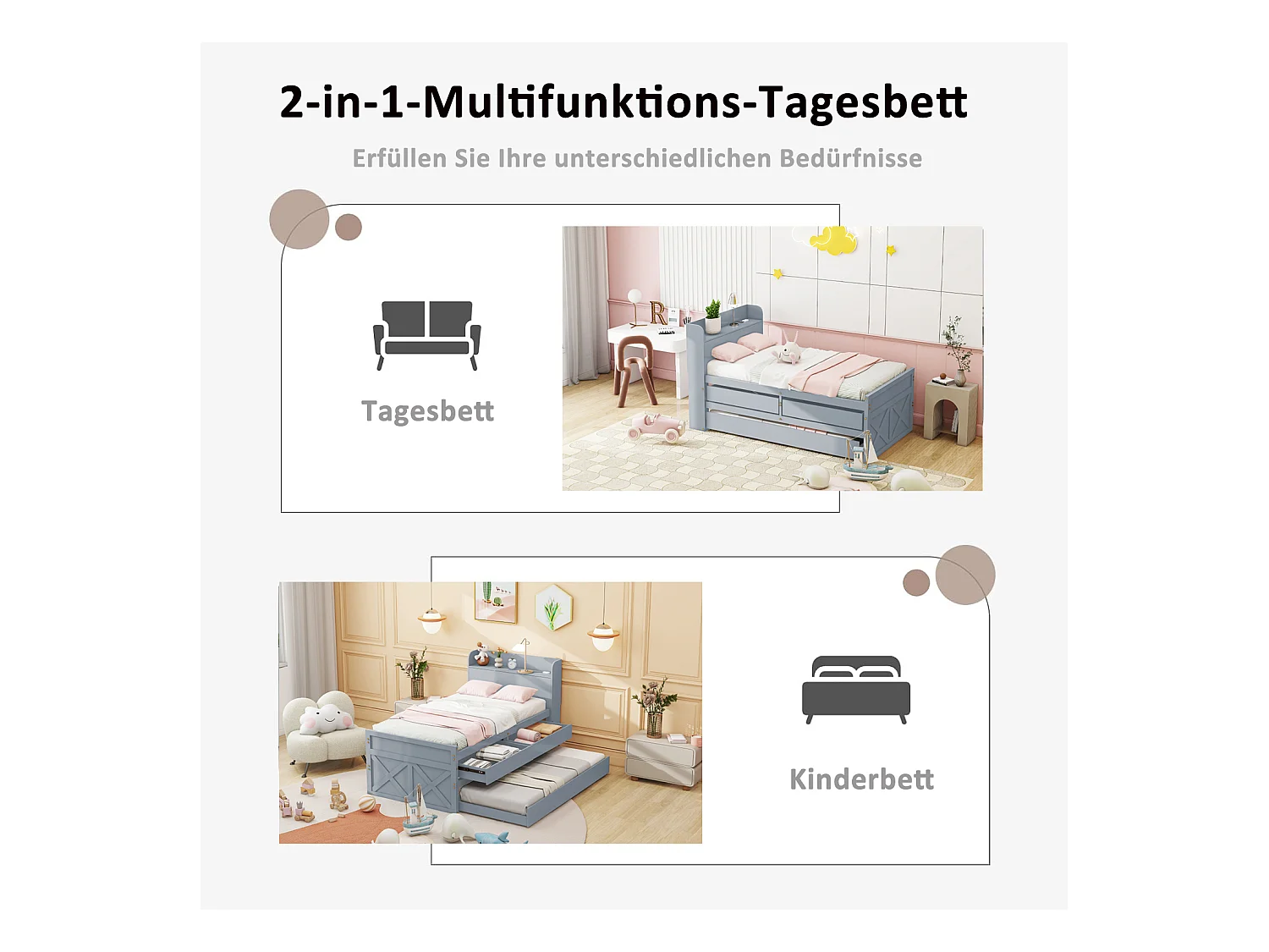 Lit gigogne 90x190cm, lit d'enfant avec tiroir extensible, sommier à lattes, tête de lit avec étagères de rangement et prise USB, gris