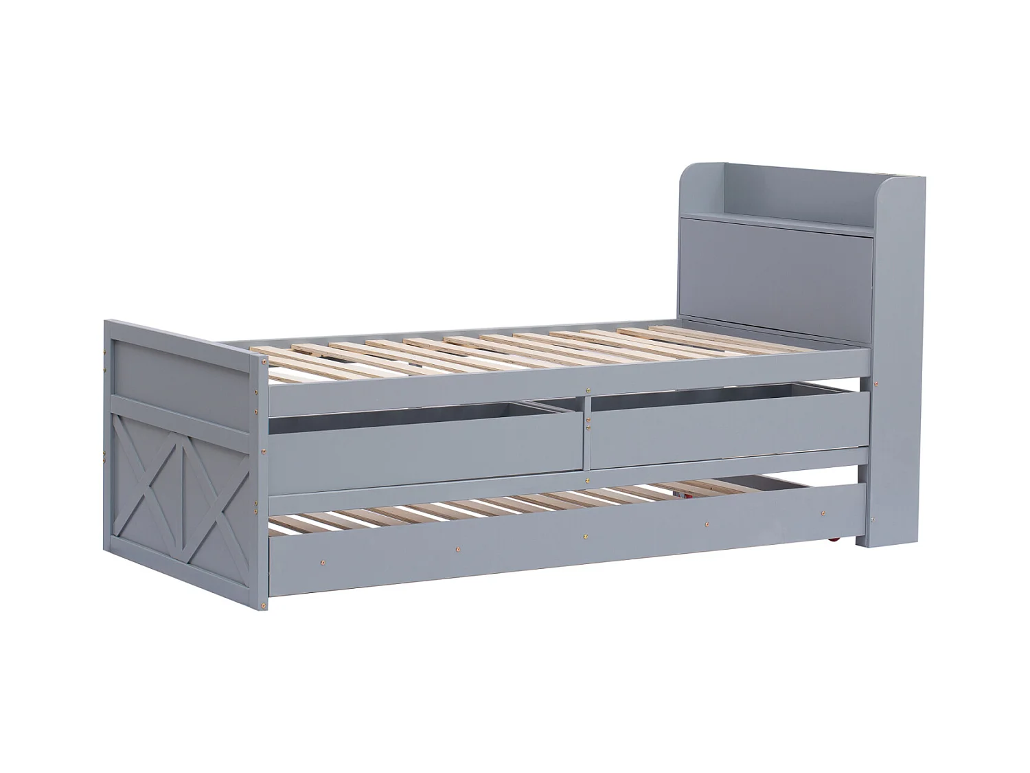 Lit gigogne 90x190cm, lit d'enfant avec tiroir extensible, sommier à lattes, tête de lit avec étagères de rangement et prise USB, gris