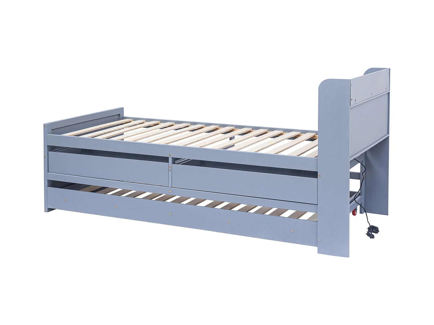 Lit gigogne 90x190cm, lit d'enfant avec tiroir extensible, sommier à lattes, tête de lit avec étagères de rangement et prise USB, gris