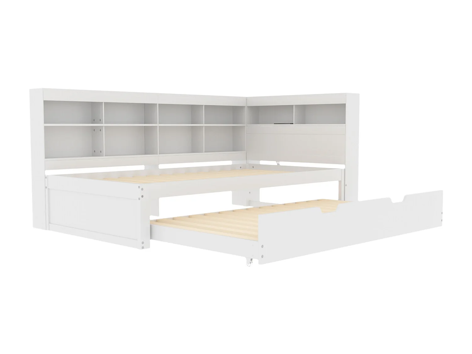 Uitschuifbed 90x200cm+90x190cm - massief houten frame met lattenbodem, USB-aansluiting en diverse opbergruimtes, wit