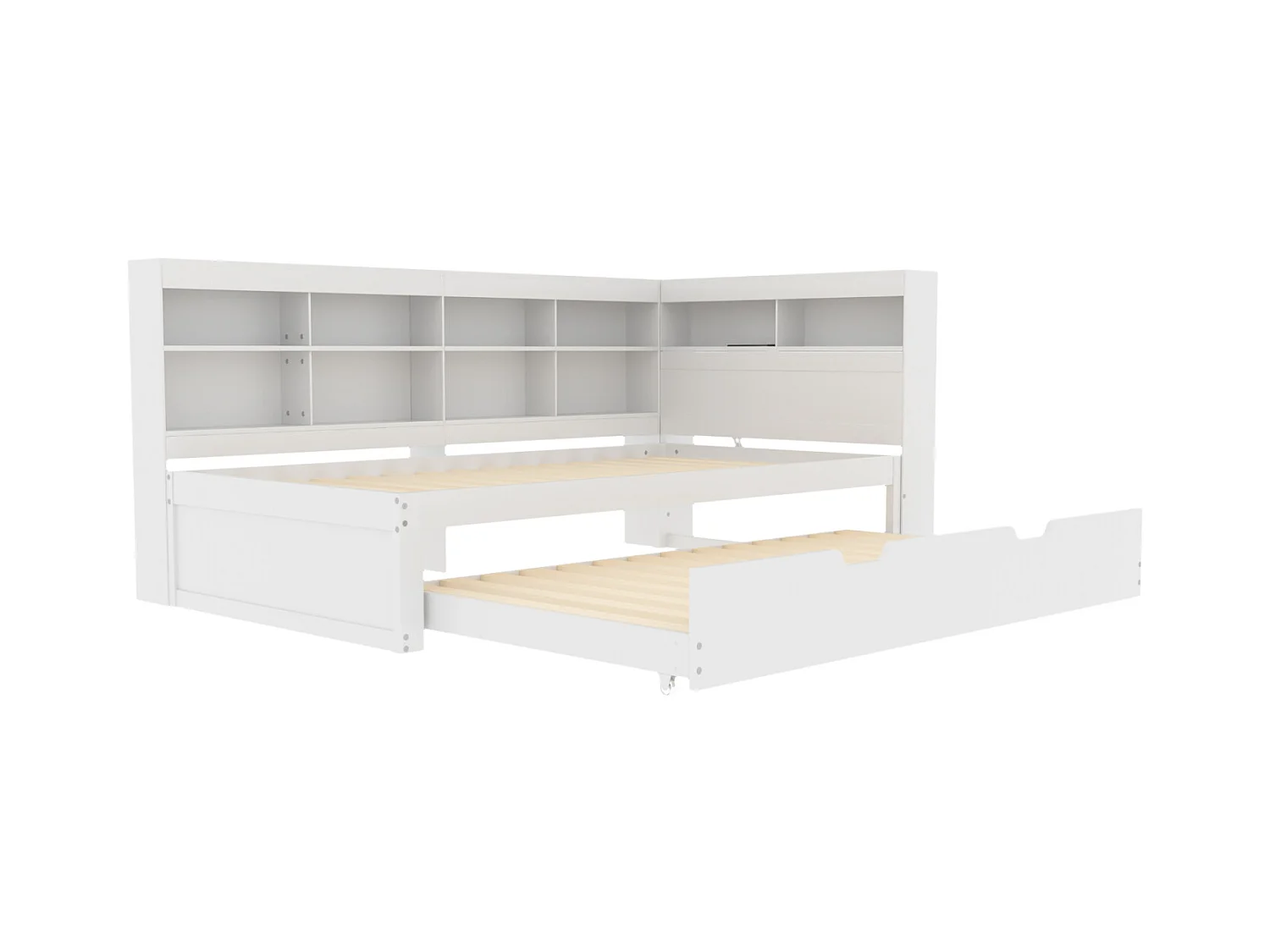 Cama de rodízio 90x200cm + 90x190cm - estrutura de madeira maciça com base de ripas, porta USB e vários espaços de armazenamento, branca