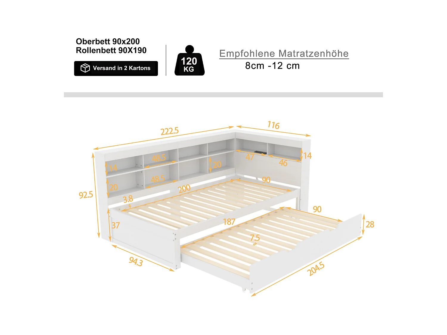 Cama de rodízio 90x200cm + 90x190cm - estrutura de madeira maciça com base de ripas, porta USB e vários espaços de armazenamento, branca