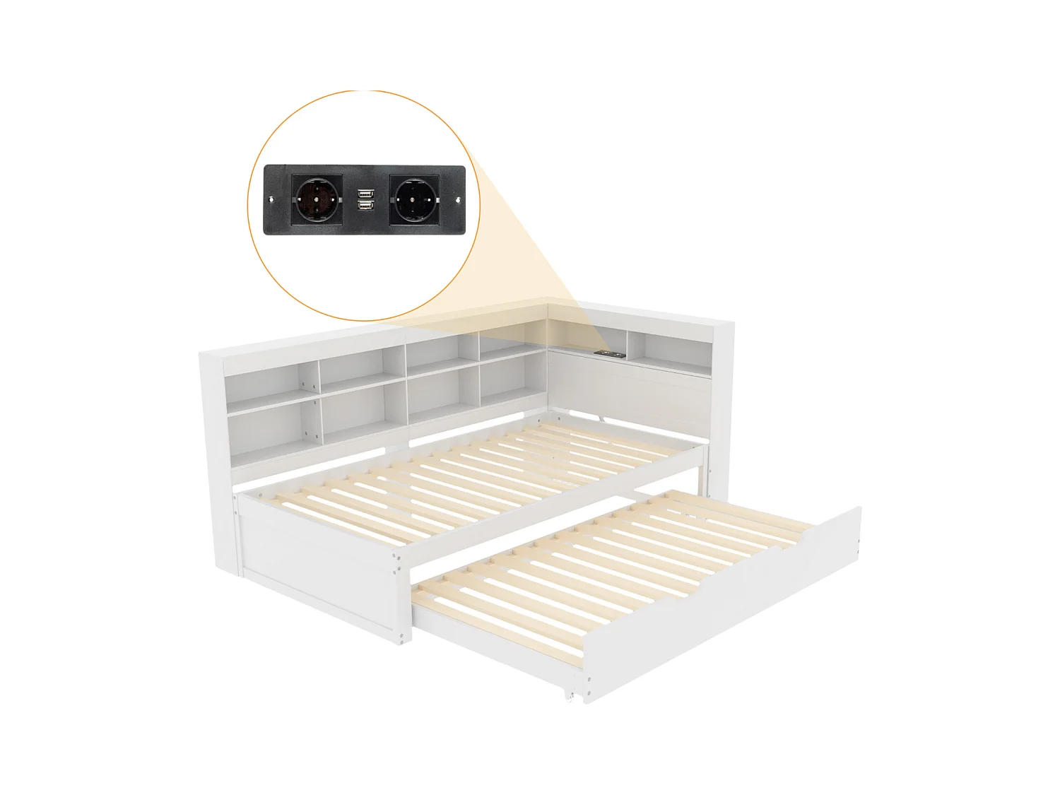 Cama de rodízio 90x200cm + 90x190cm - estrutura de madeira maciça com base de ripas, porta USB e vários espaços de armazenamento, branca