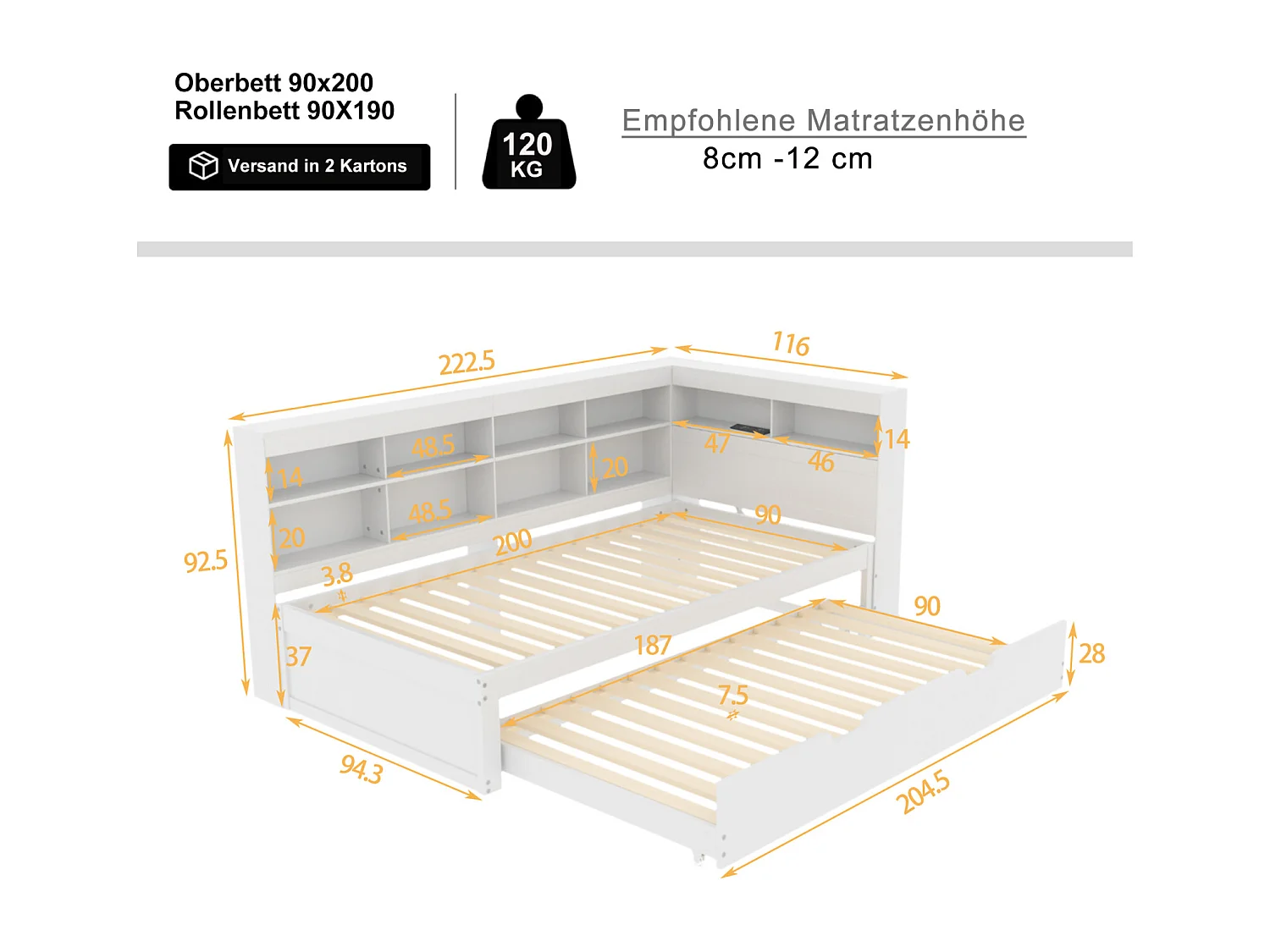 Uitschuifbed 90x200cm+90x190cm - massief houten frame met lattenbodem, USB-aansluiting en diverse opbergruimtes, wit