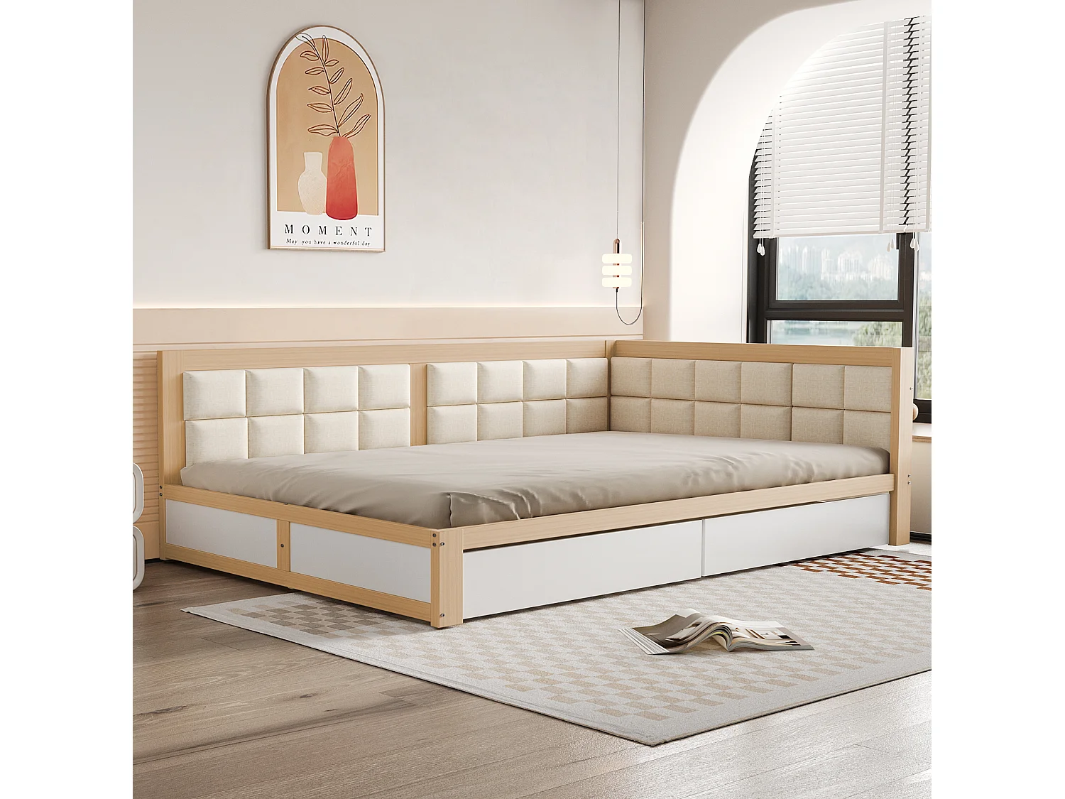 Lit gigogne 140x200cm - canapé lit en bois massif - grand dossier capitonné avec 2 tiroirs de rangement, sommier à lattes, lit adulte - Naturel
