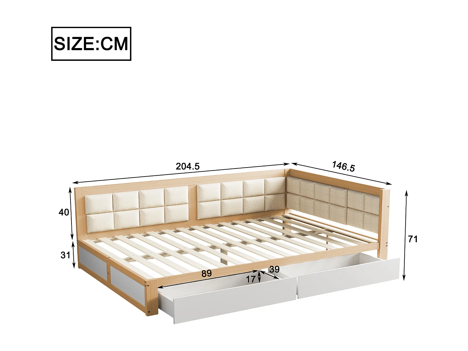 Lit gigogne 140x200cm - canapé lit en bois massif - grand dossier capitonné avec 2 tiroirs de rangement, sommier à lattes, lit adulte - Naturel