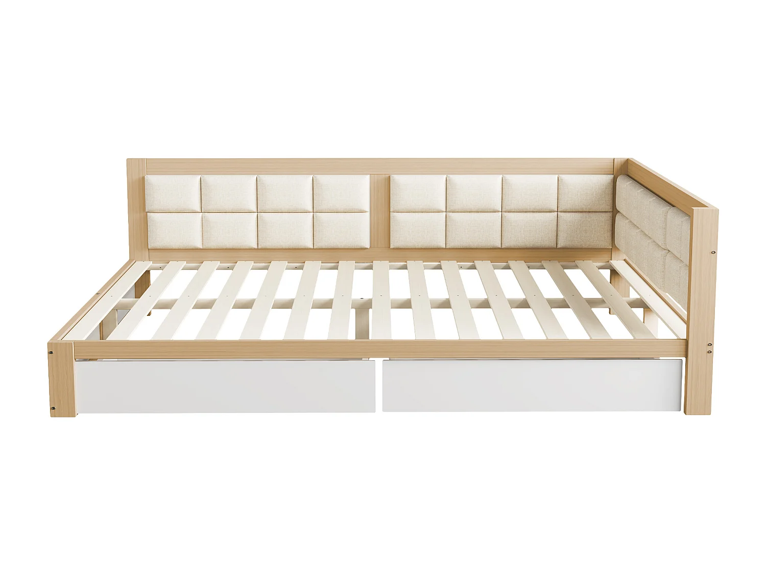 Lit gigogne 140x200cm - canapé lit en bois massif - grand dossier capitonné avec 2 tiroirs de rangement, sommier à lattes, lit adulte - Naturel