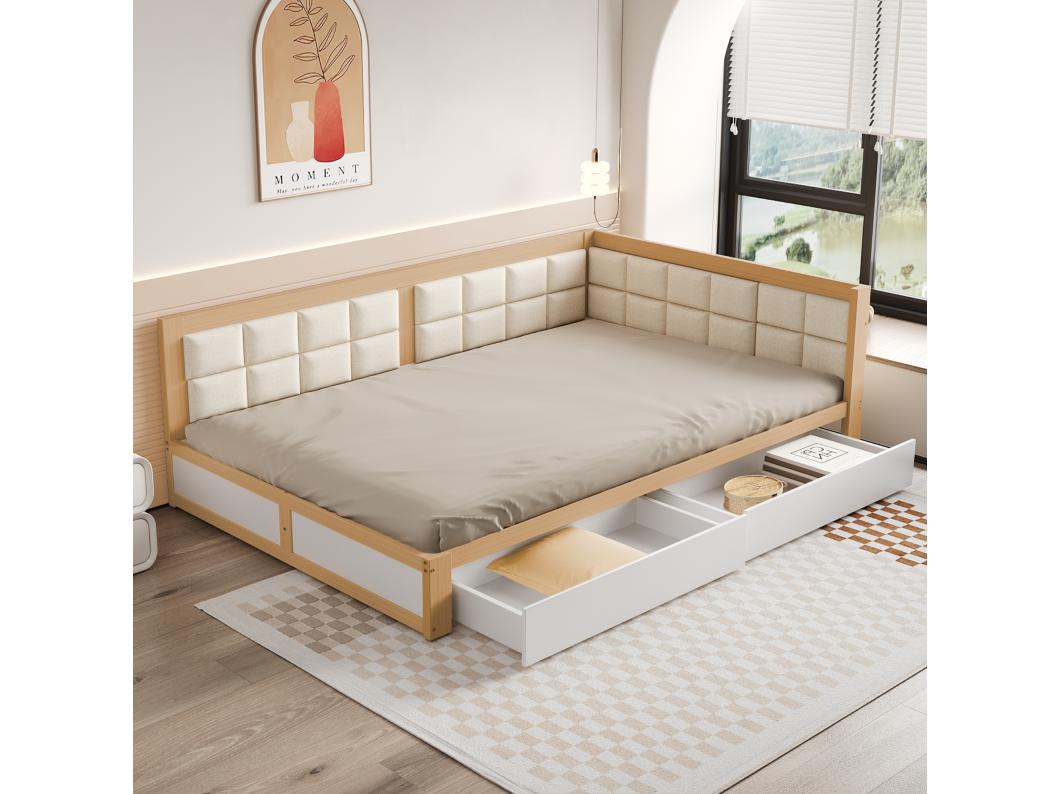 Uitschuifbed 140x200cm - slaapbank van massief hout - grote gestoffeerde rugleuning met 2 opbergladen, lattenbodem, volwassen bed - Natuurlijk