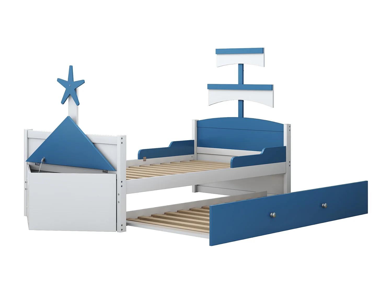 Lit gigogne 90x200cm+90x190cm, cadre de lit en forme voilier avec sommier à lattes, placard de rangement, bleu