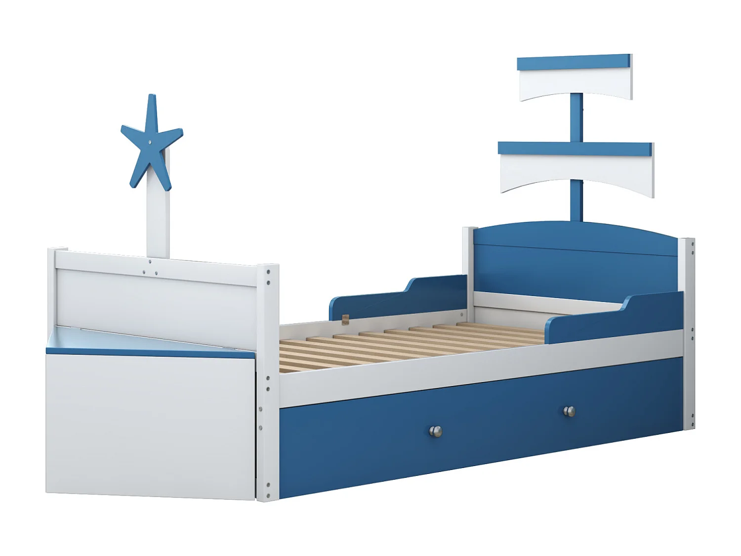 Lit gigogne 90x200cm+90x190cm, cadre de lit en forme voilier avec sommier à lattes, placard de rangement, bleu