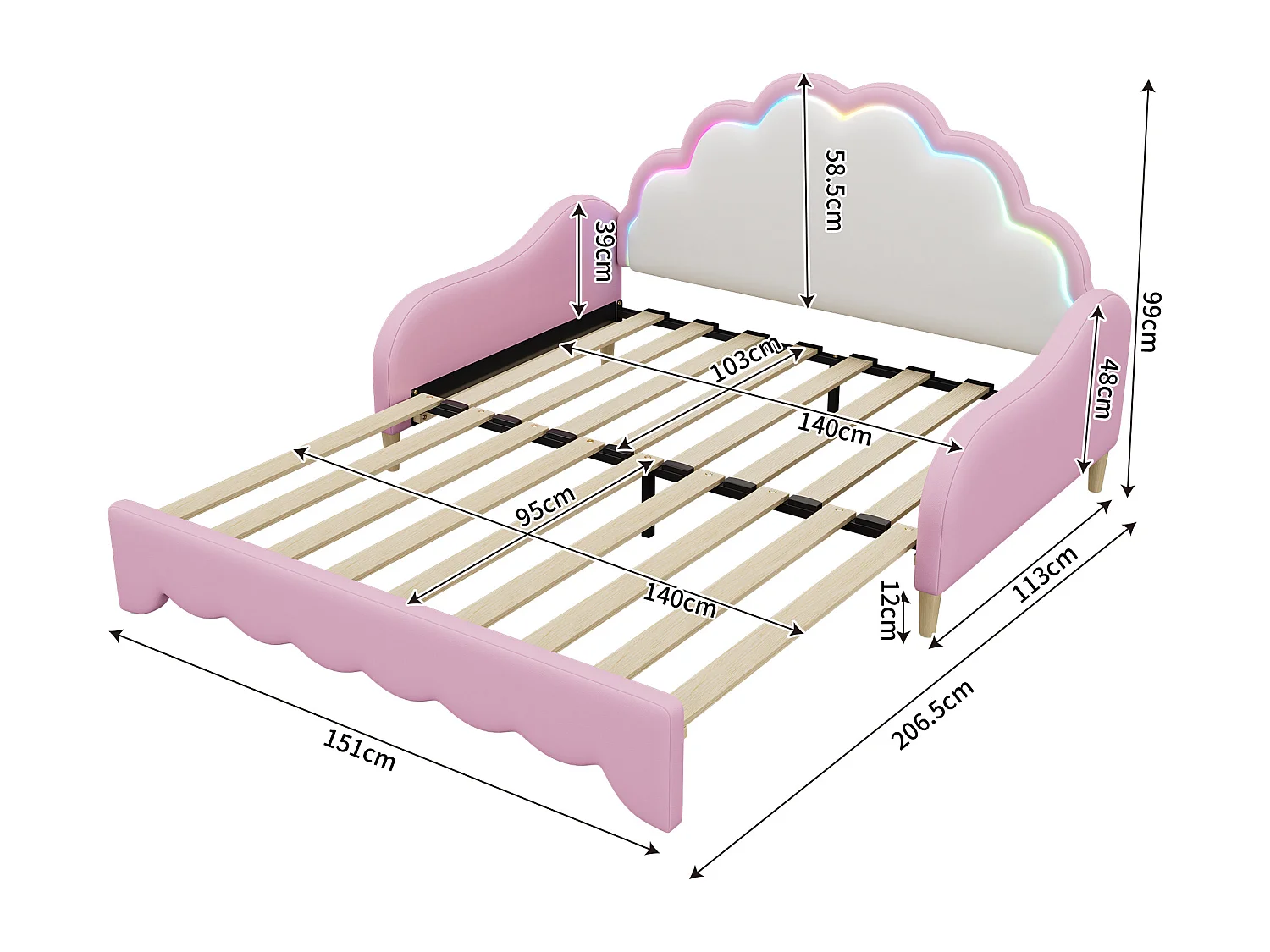 Uitschuifbed 140x200cm, slaapbank, hoofdeinde met looplicht, zonder matras, roze
