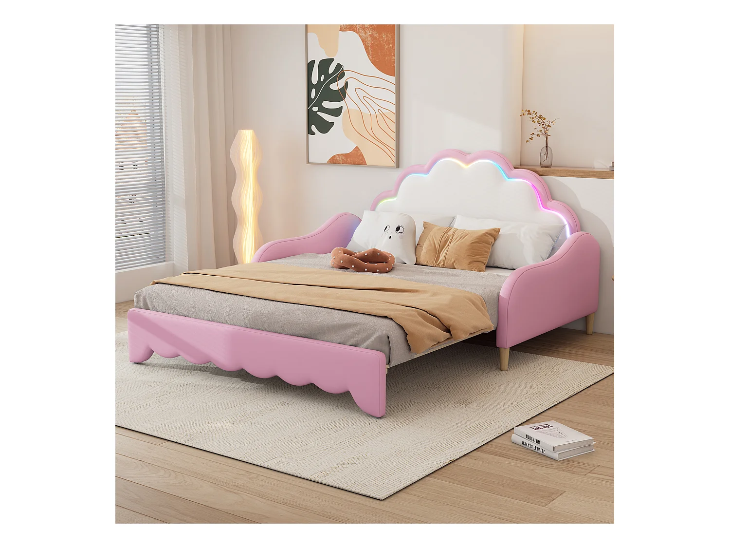 Lit gigogne 140x200cm, canapé lit transformable, tête de lit avec lumière courante, sans matelas, rose