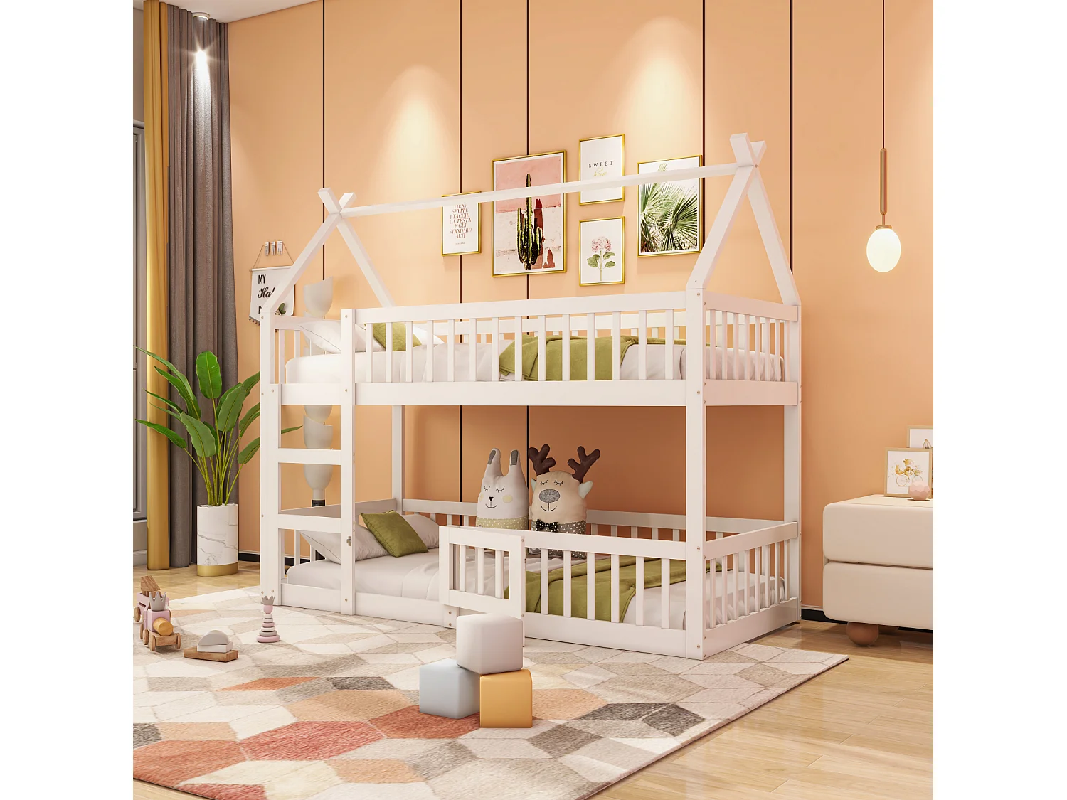 Letto a castello per bambini 90*200, letto per famiglie per bambini, con scale, struttura per letto a castello in legno massello, bianco