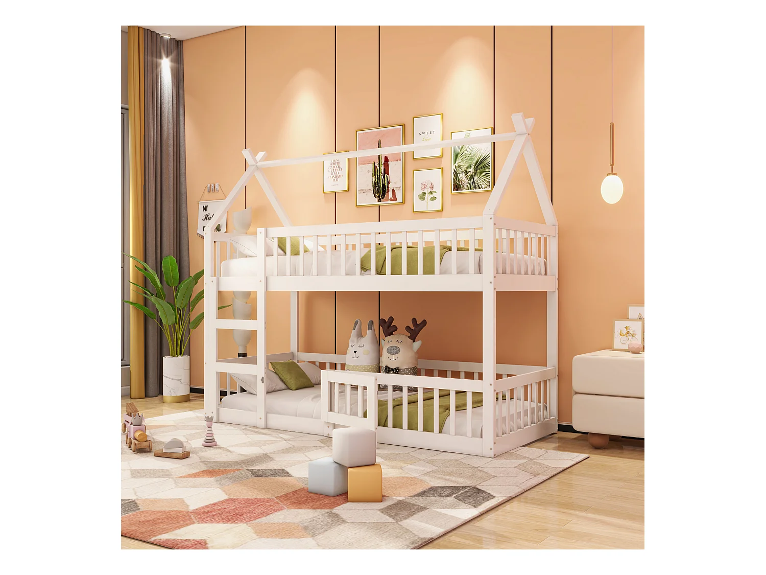 Lit Superposé Pour Enfants 90*200, Lit Familial Pour Enfants, avec Escalier, Cadre de Lit Superposé en Bois Massif, blanc