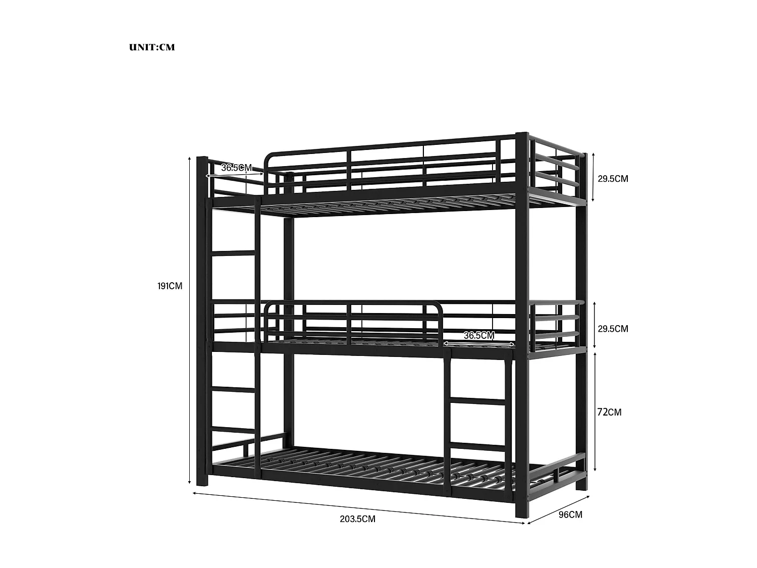 Stapelbed 90x200cm, metalen bedframe met ladders, voor kinderen, tieners en volwassenen, zwart