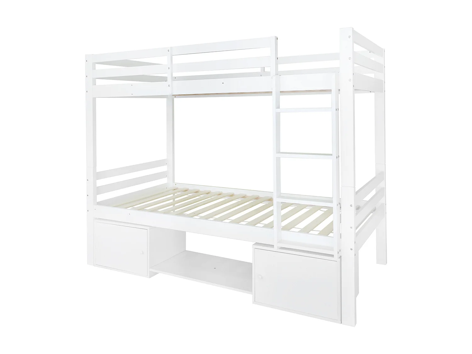Letto a castello 90x200cm per bambini, letto per bambini con scarpiere e 2 armadietti, letto diviso in 2 letti singoli, bianco