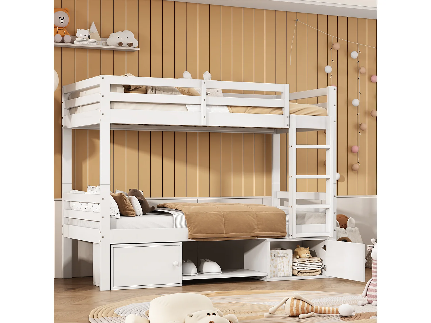 Stapelbed 90x200cm voor kinderen, kinderbed met schoenenrekken en 2 kasten, bed verdeeld in 2 eenpersoonsbedden, wit