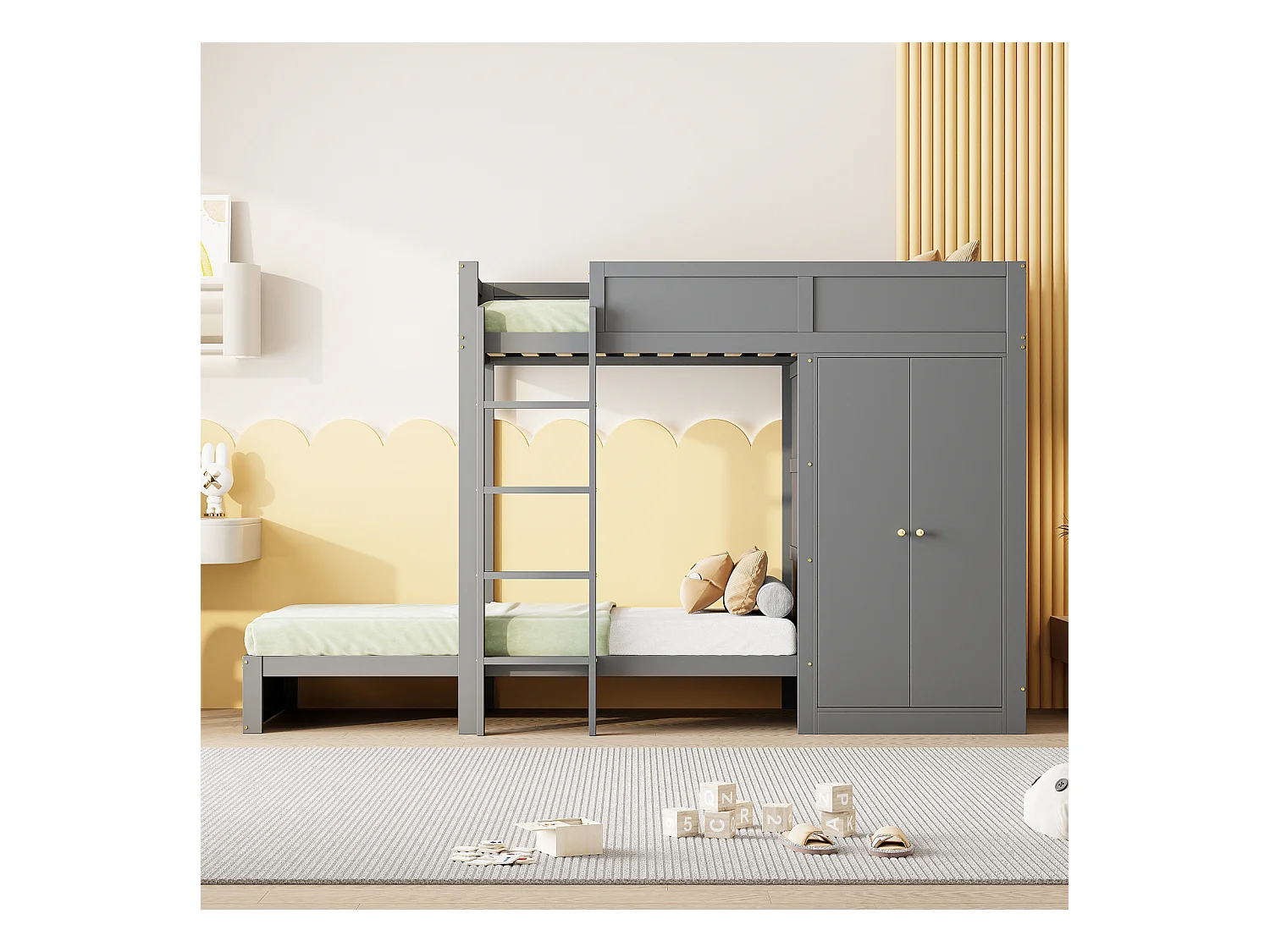 Lit superposé 90x200cm, lit enfant avec armoire, barrière de sécurité haute, lit ado, gris