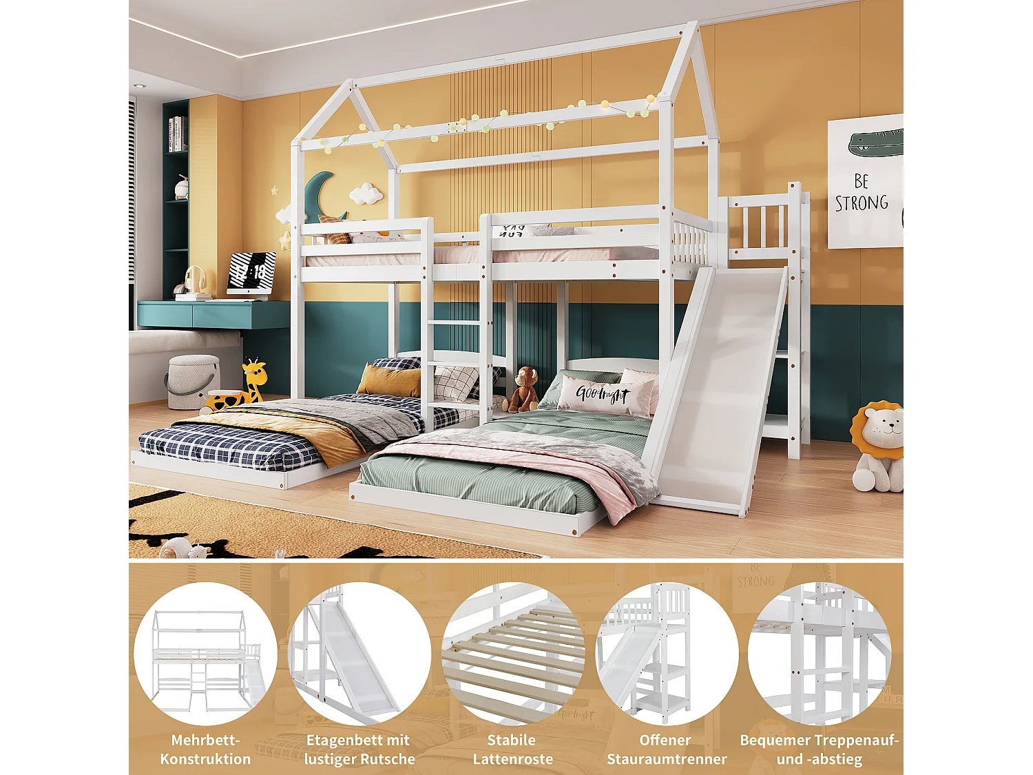 Lit superposé lit enfant 90x200 cm 3 places avec toboggan, escalier et étagères ouvertes - blanc