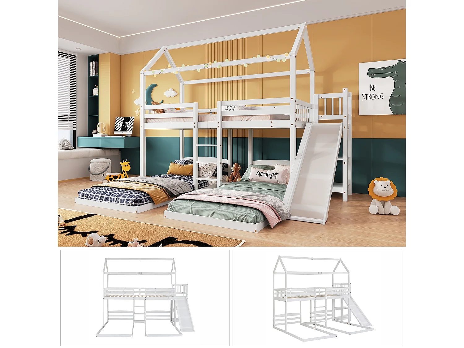 Lit superposé lit enfant 90x200 cm 3 places avec toboggan, escalier et étagères ouvertes - blanc