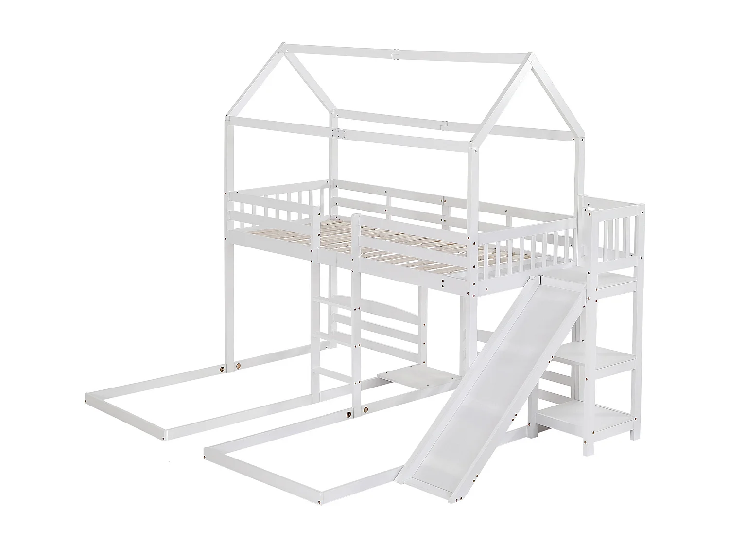 Lit superposé lit enfant 90x200 cm 3 places avec toboggan, escalier et étagères ouvertes - blanc
